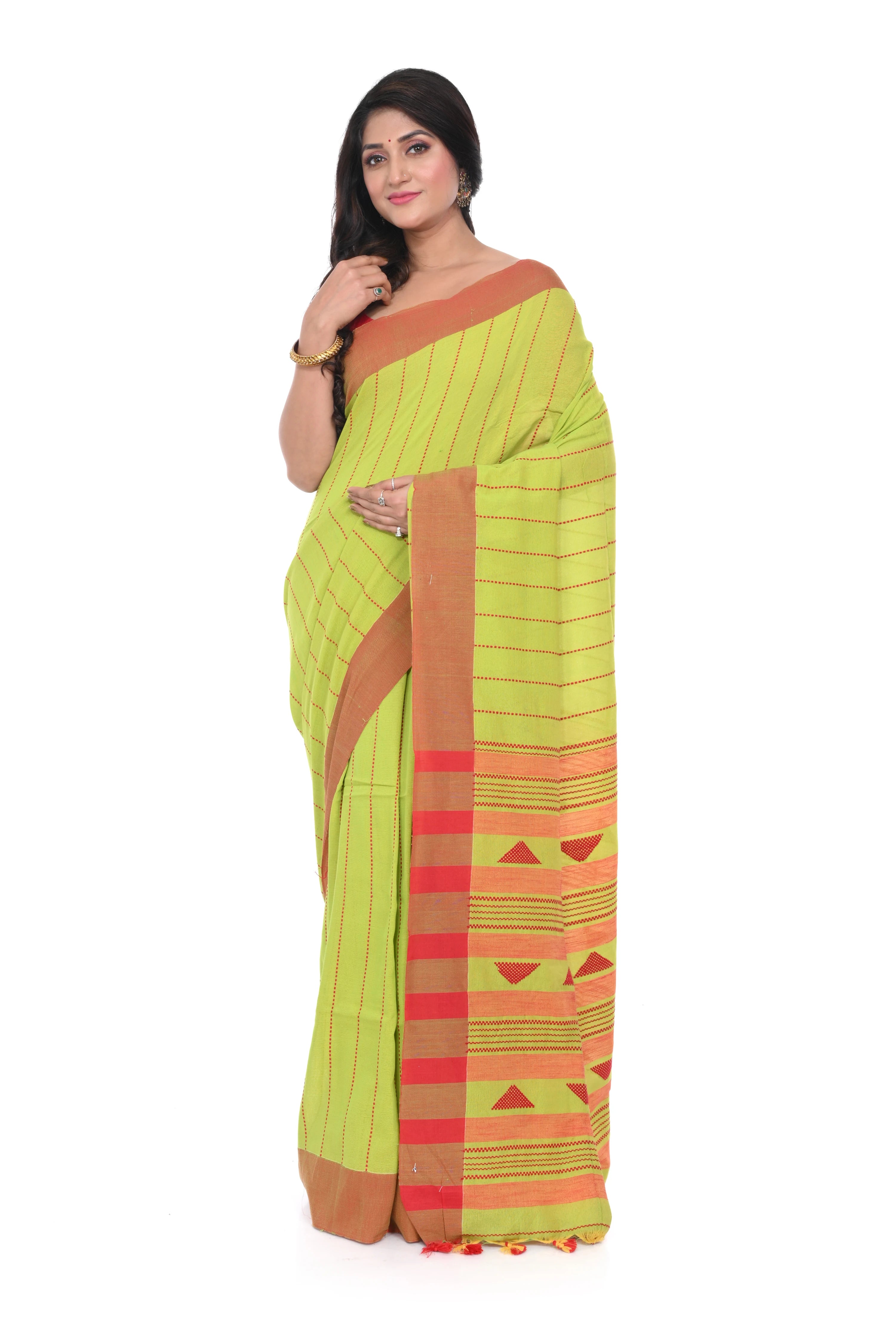 Light Green Handloom Saree with Red Border and Red Stripe Pallu with Geometric Motif