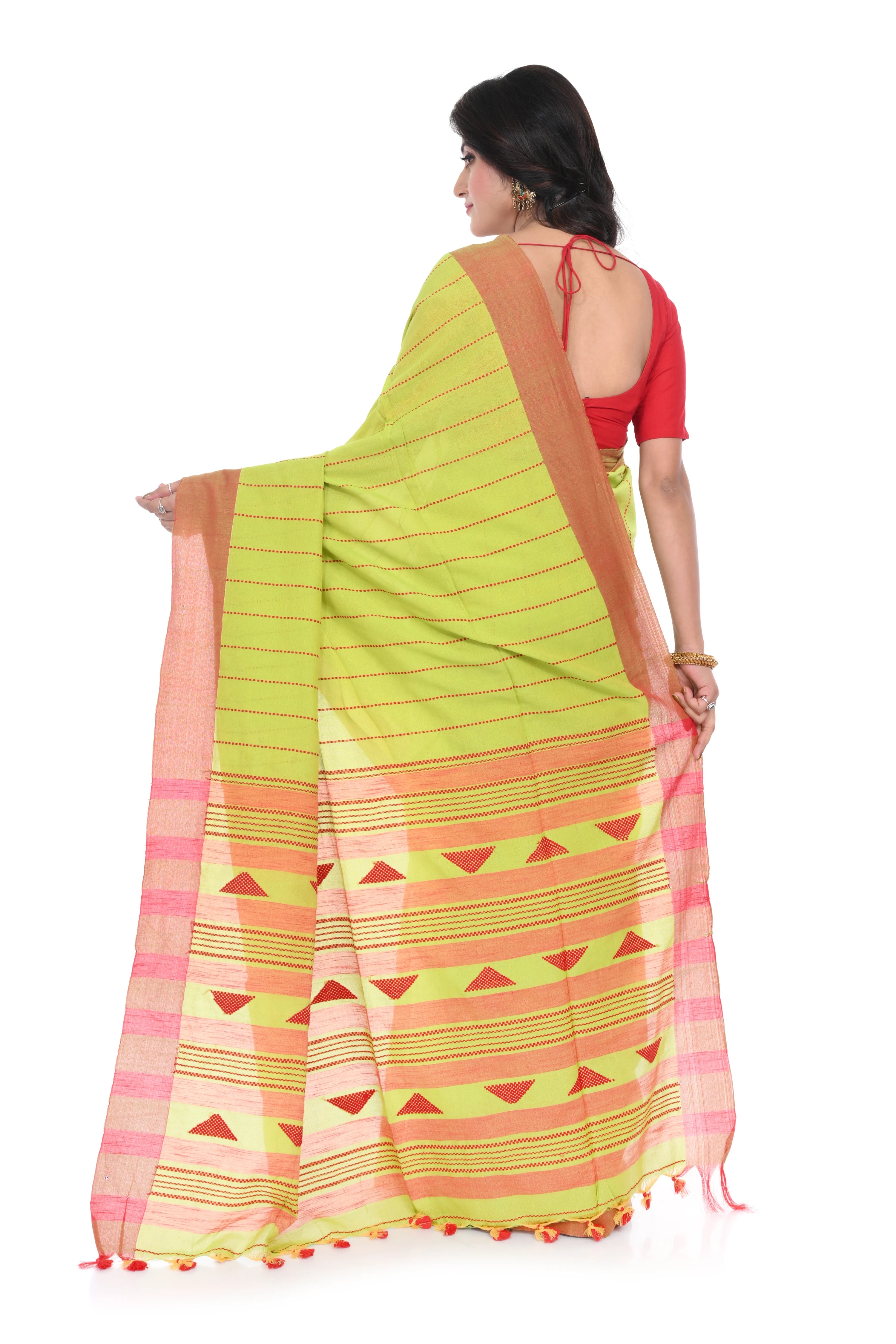 Light Green Handloom Saree with Red Border and Red Stripe Pallu with Geometric Motif