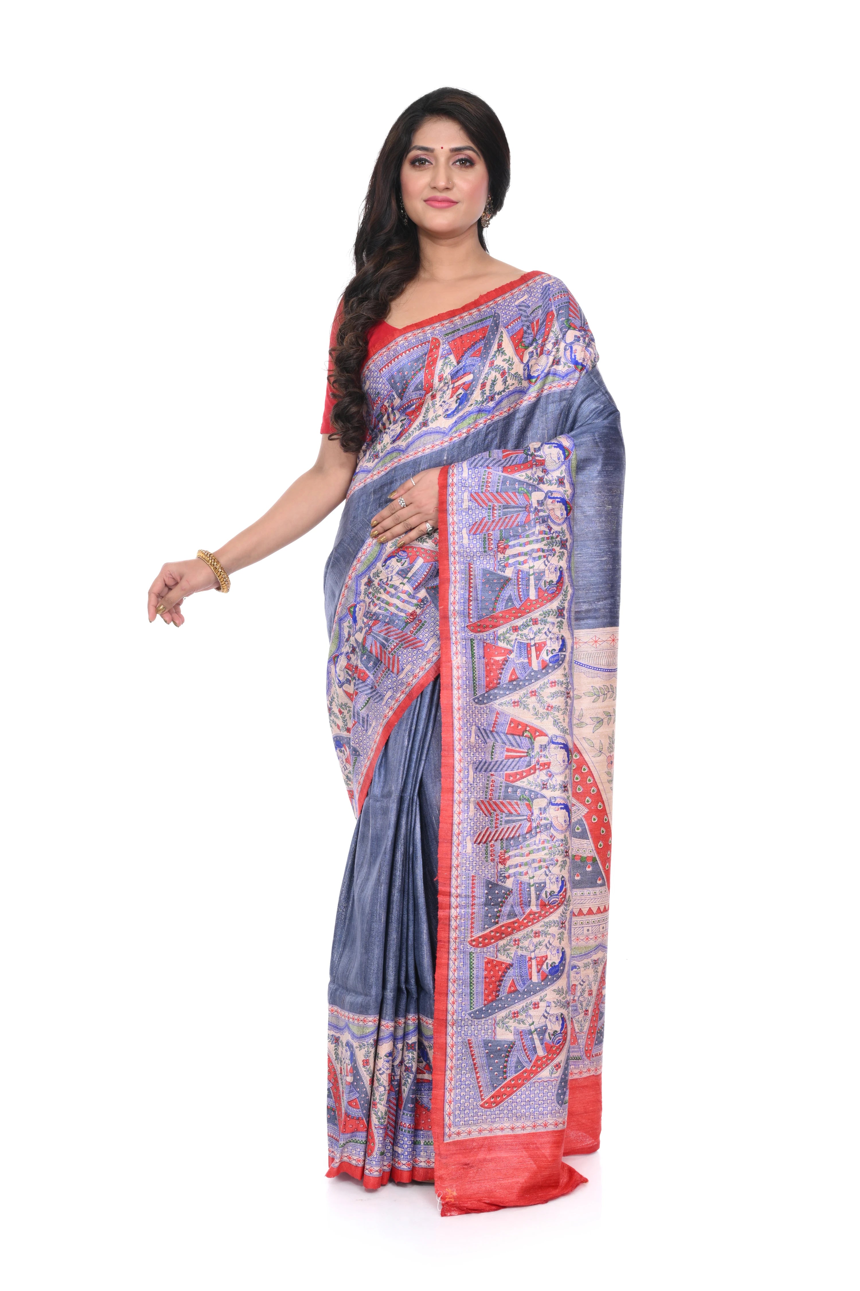 Pure Ghicha Silk Saree with Steel Colour and Red Border Madhubani Motif