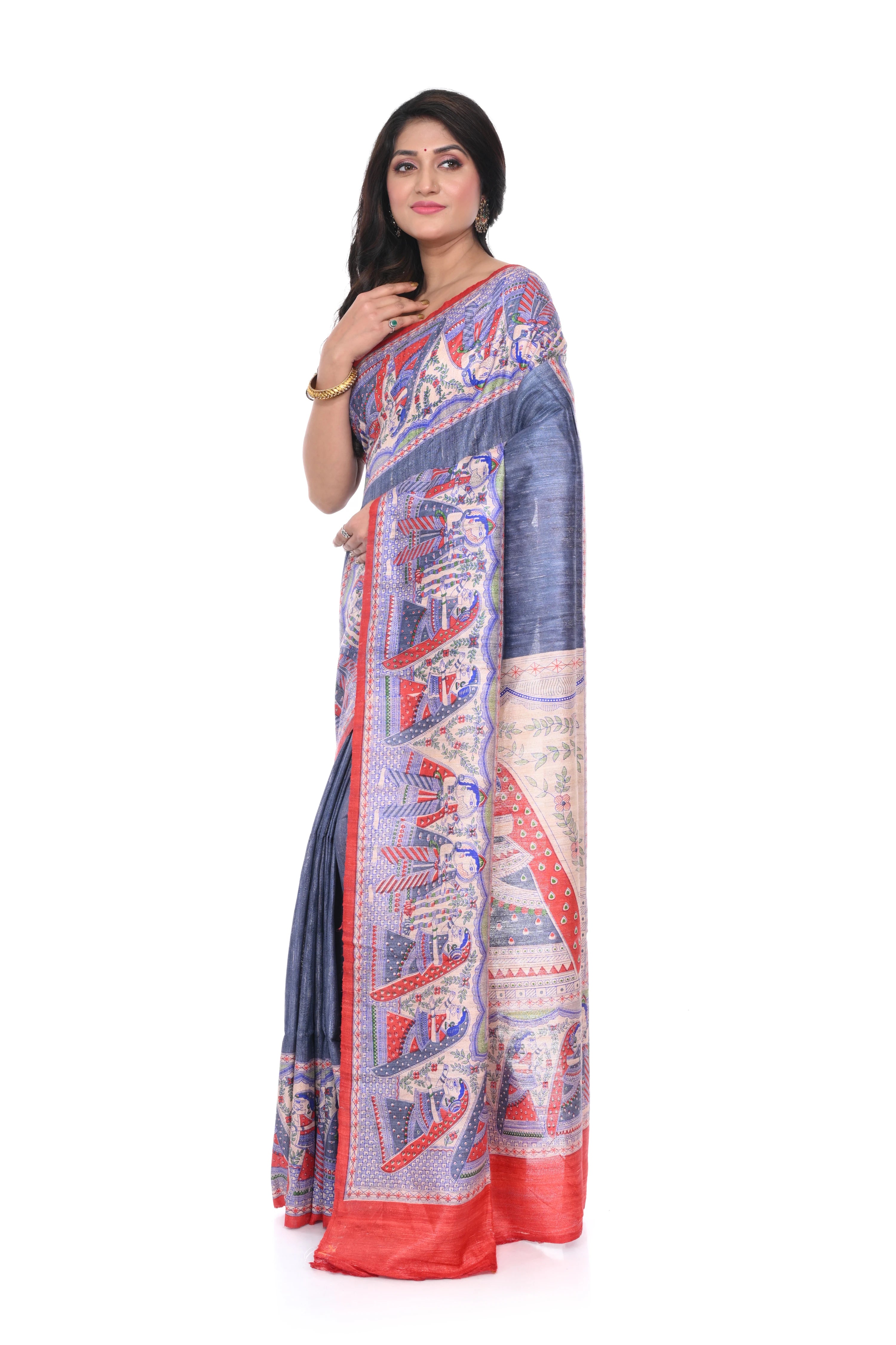 Pure Ghicha Silk Saree with Steel Colour and Red Border Madhubani Motif