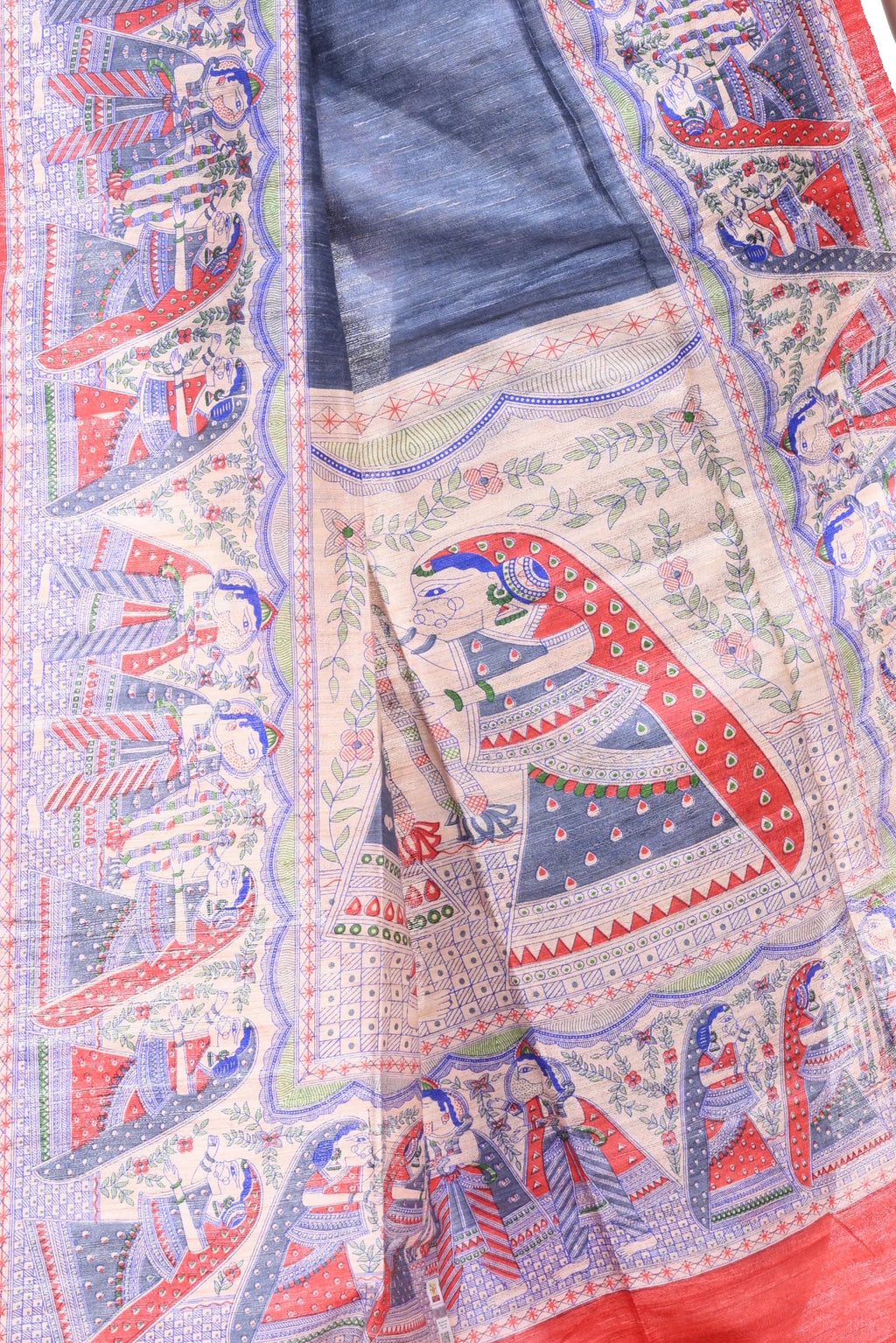 Pure Ghicha Silk Saree with Steel Colour and Red Border Madhubani Motif