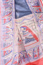 Pure Ghicha Silk Saree with Steel Colour and Red Border Madhubani Motif