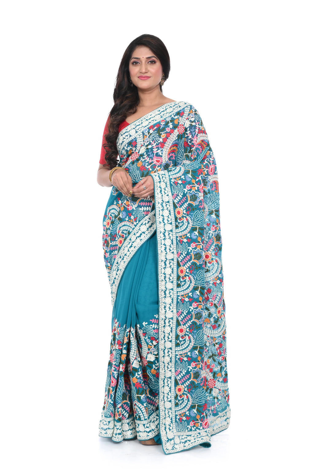 Pure Georgette Sea Green Saree with Kashmiri Machine Work