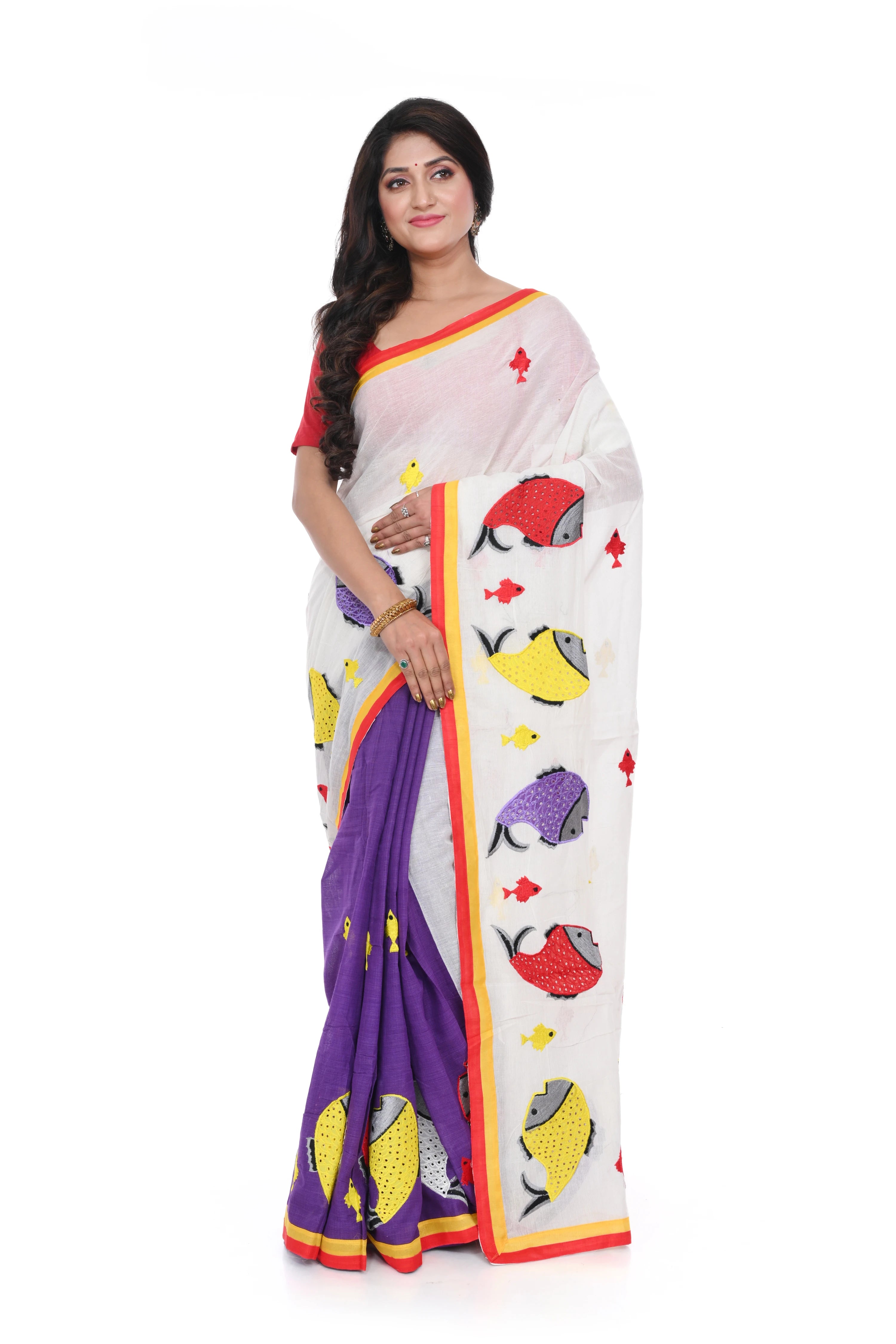 Bangladeshi Cotton Half White and Half Purple Saree with Fish Motif Applique