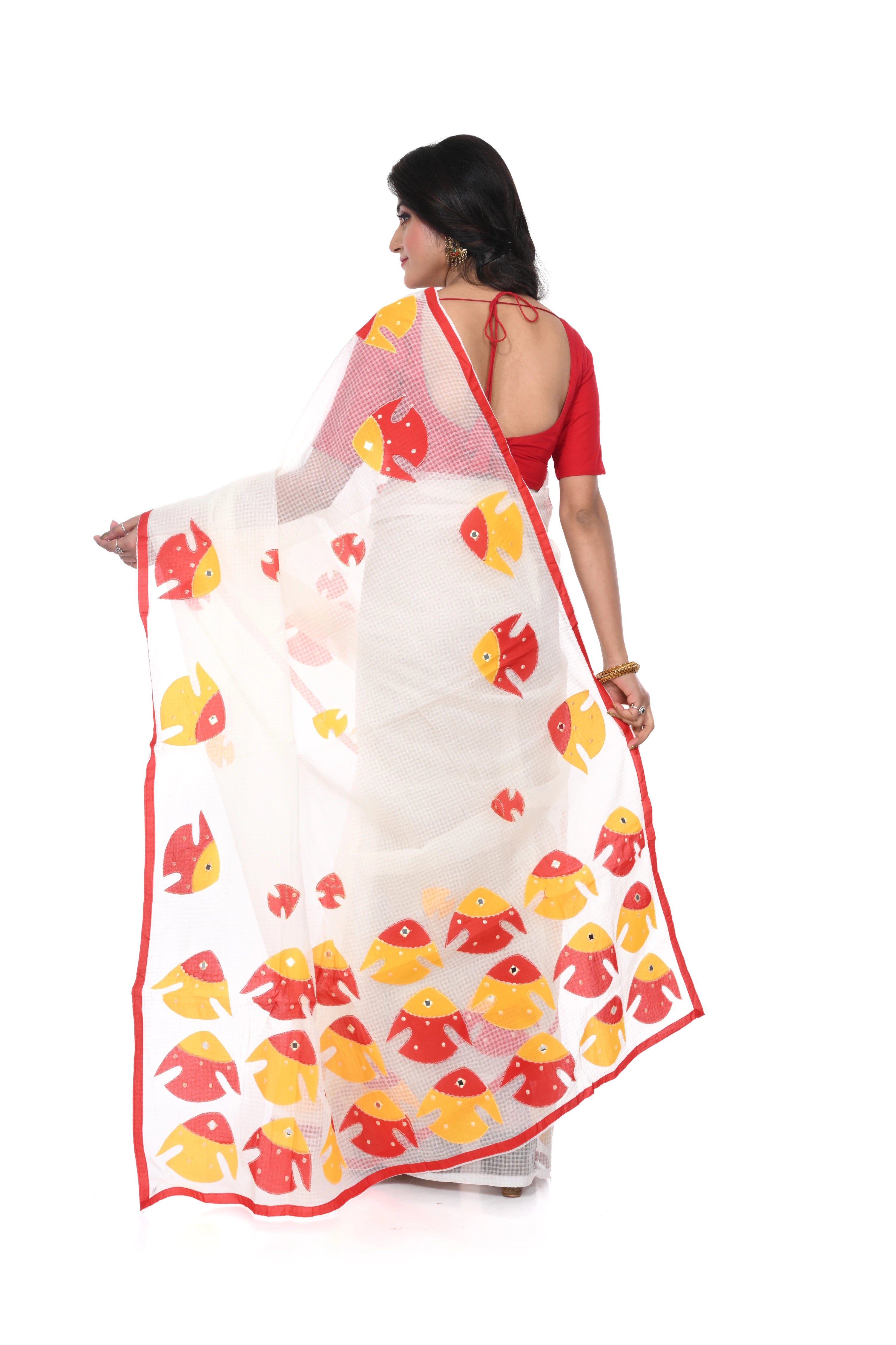 Red Yellow Fish Motif Appliqué Saree on White Reshom Kota