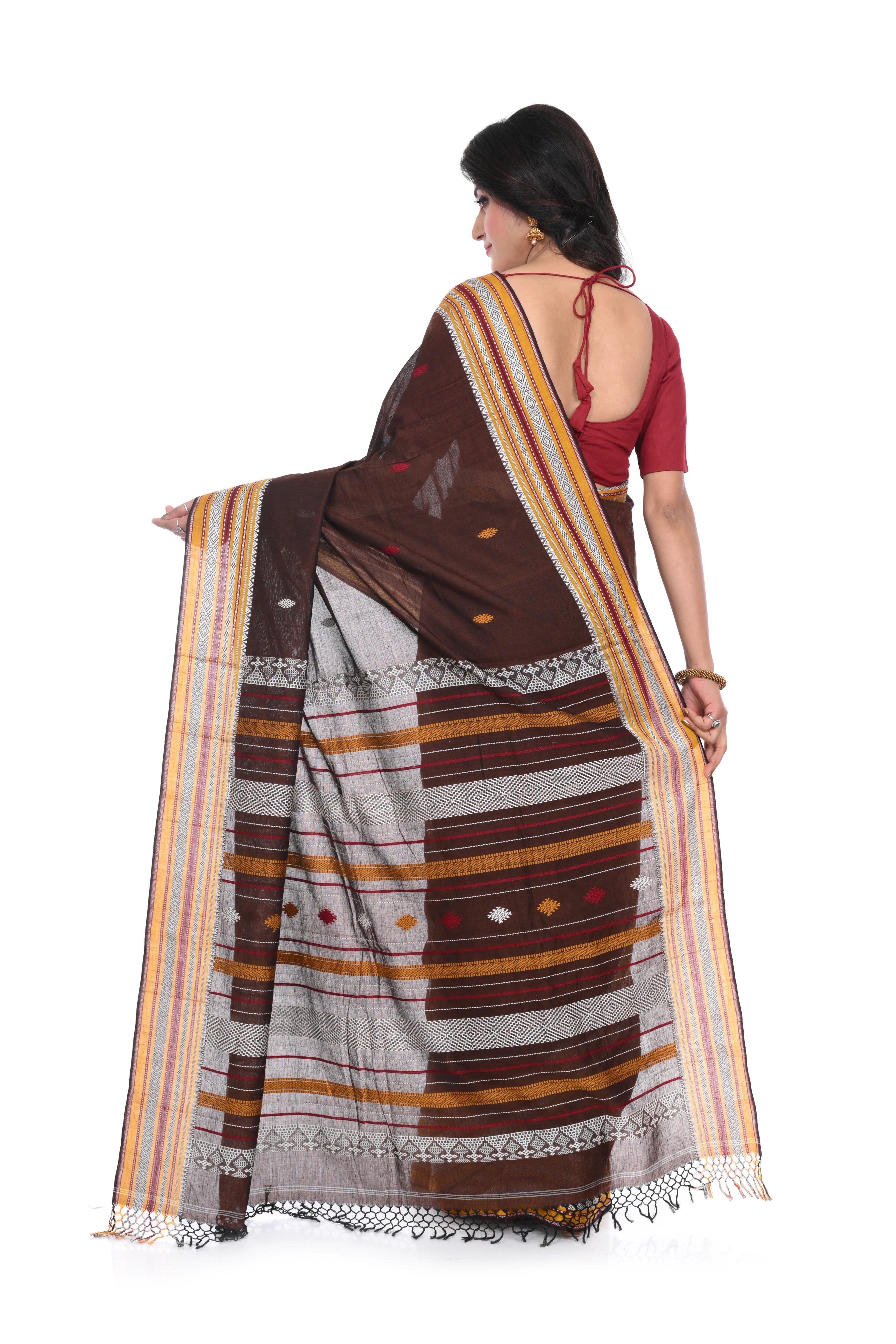 Pure Brown Coloured Handloom Cotton Saree with Bhujodi Worked Anchal Different Colours