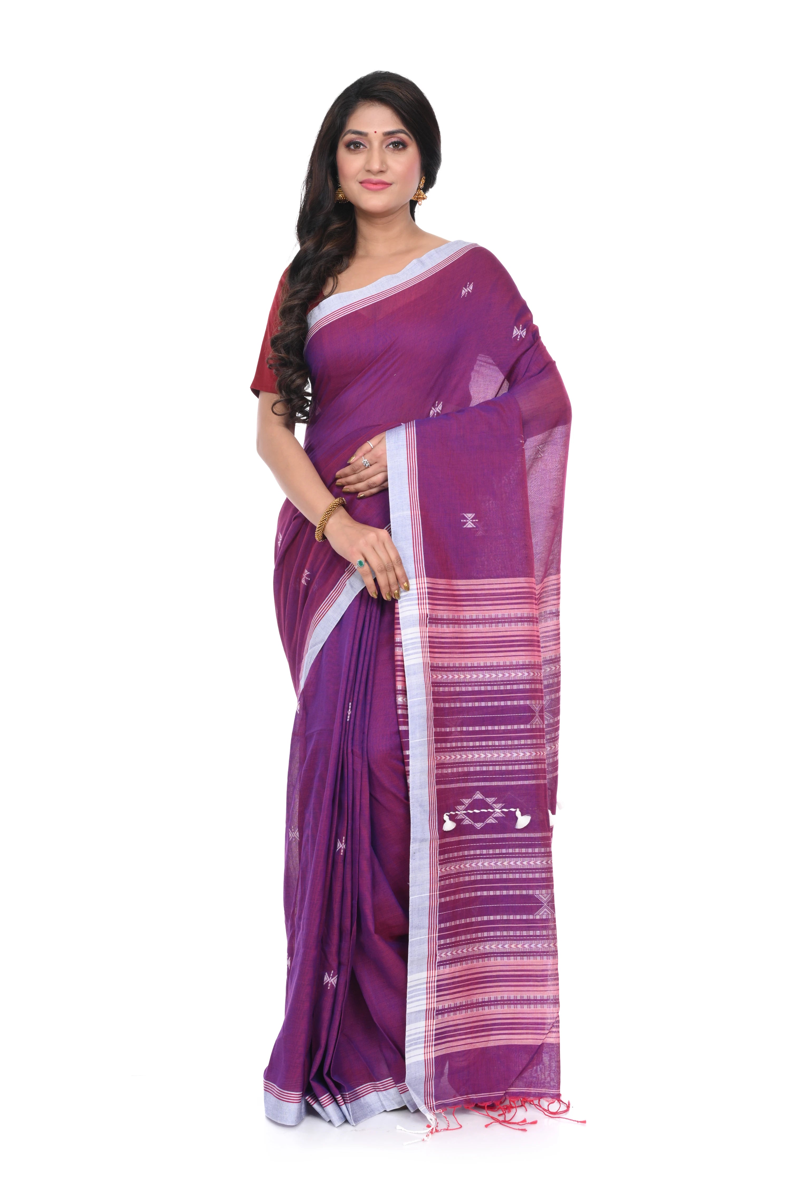 Handloom Cotton Saree with Purple Pink White Contrast and Heavy Pallu Worked