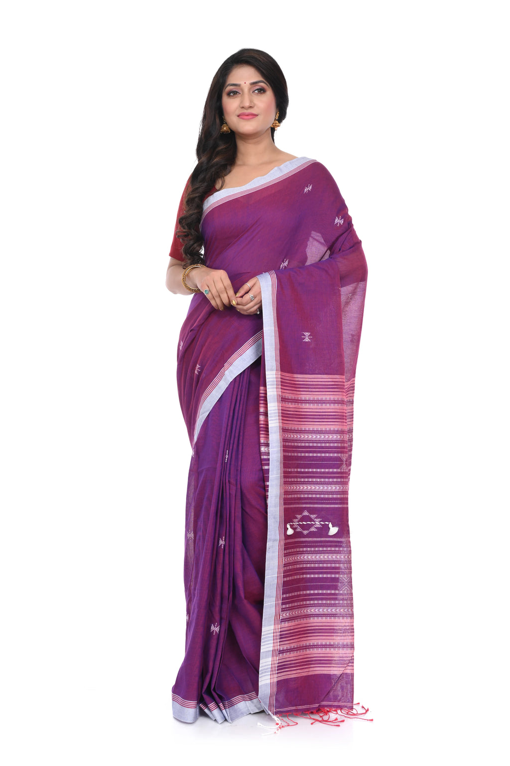 Handloom Cotton Saree with Purple Pink White Contrast and Heavy Pallu Worked