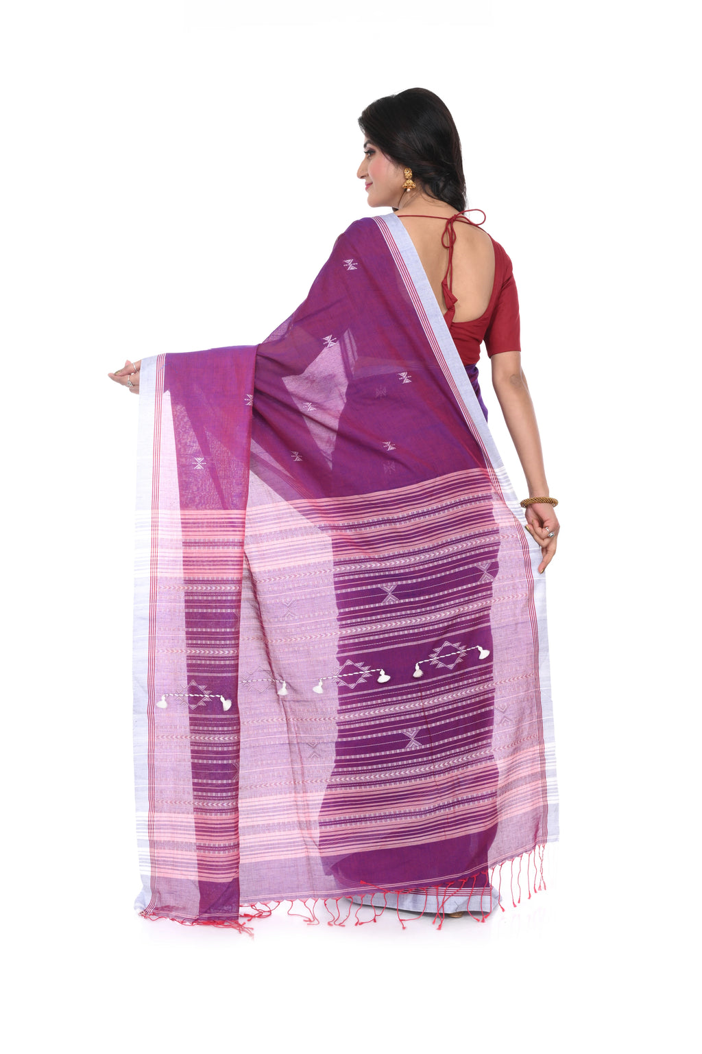 Handloom Cotton Saree with Purple Pink White Contrast and Heavy Pallu Worked