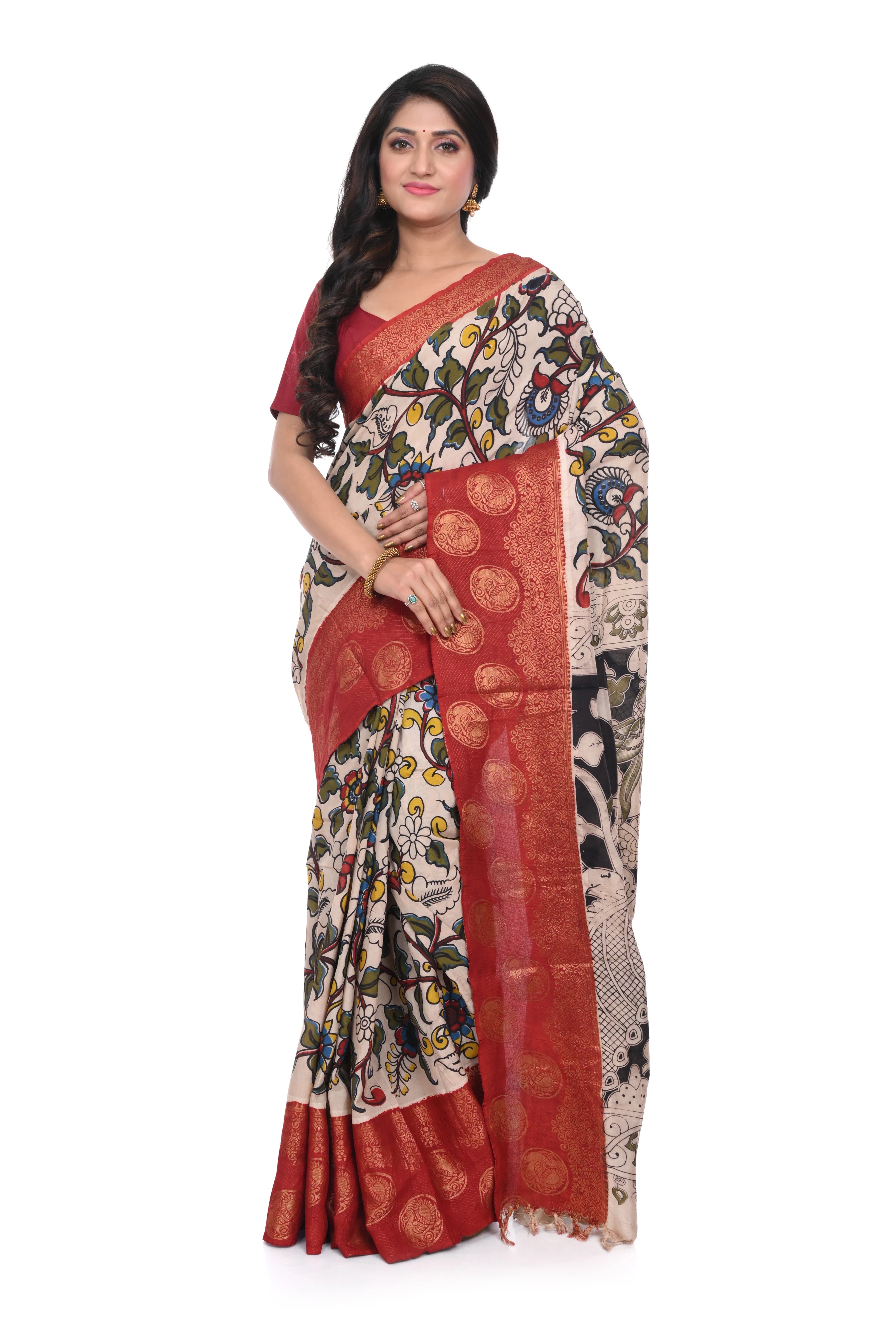 Red Kalamkari Print Saree with Nandi Print Zari Border on Nellore Silk