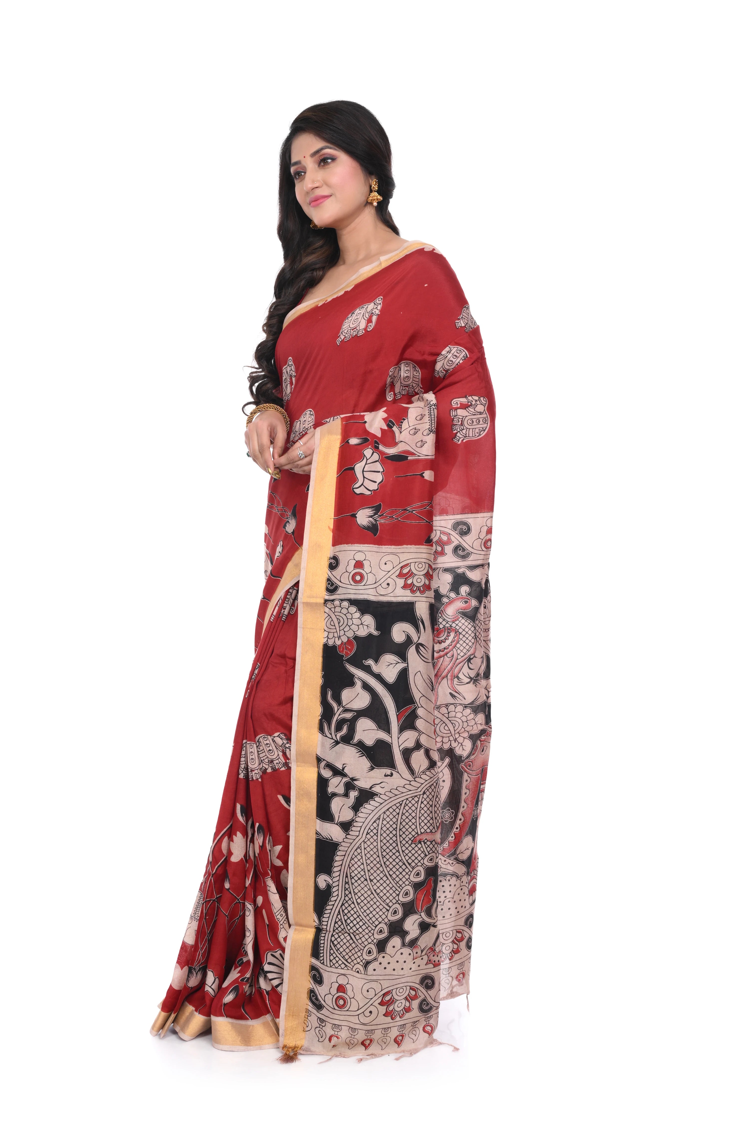 Red Zari Border Kalamkari Print Saree on Nellore Silk
