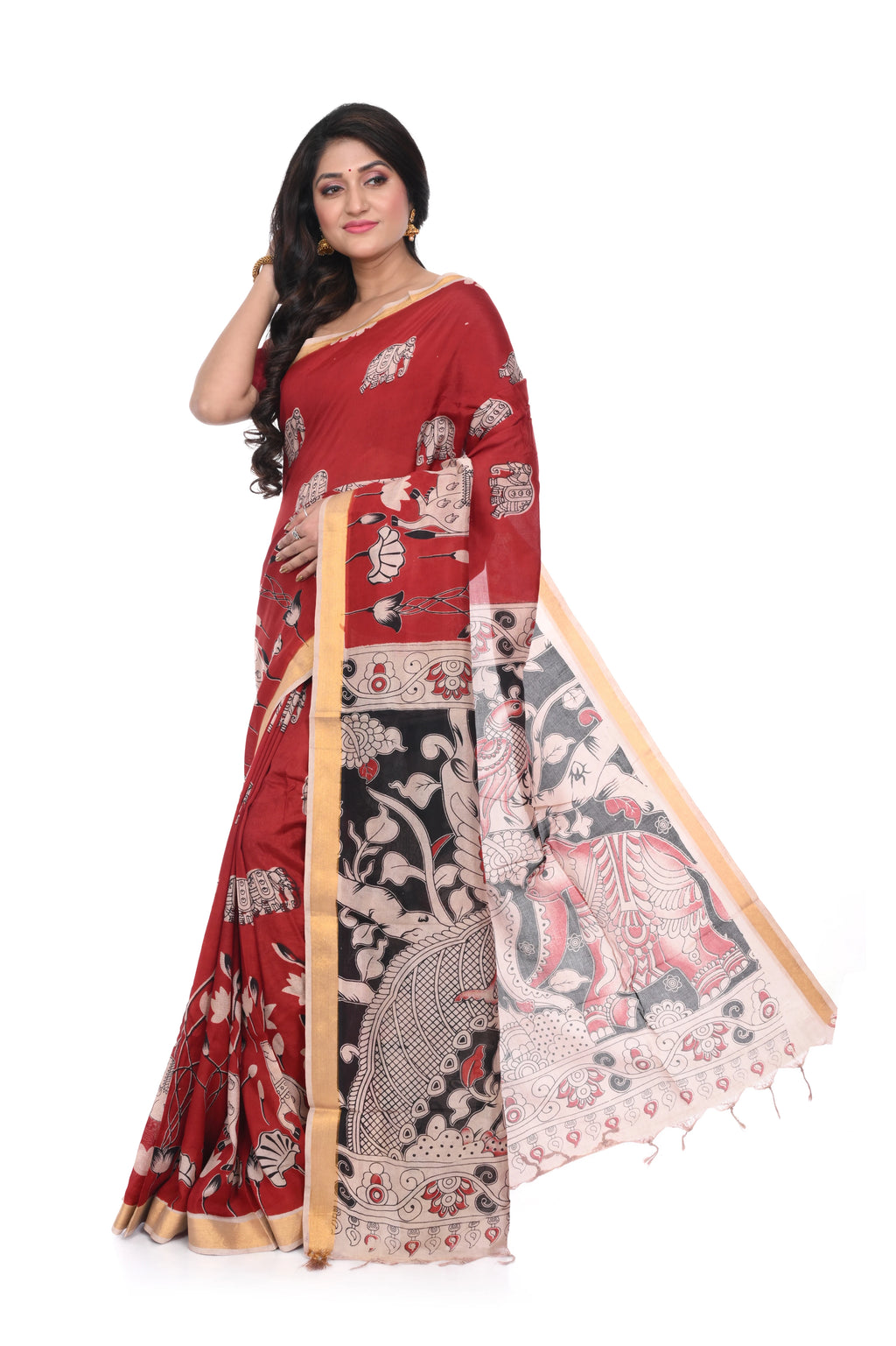 Red Zari Border Kalamkari Print Saree on Nellore Silk