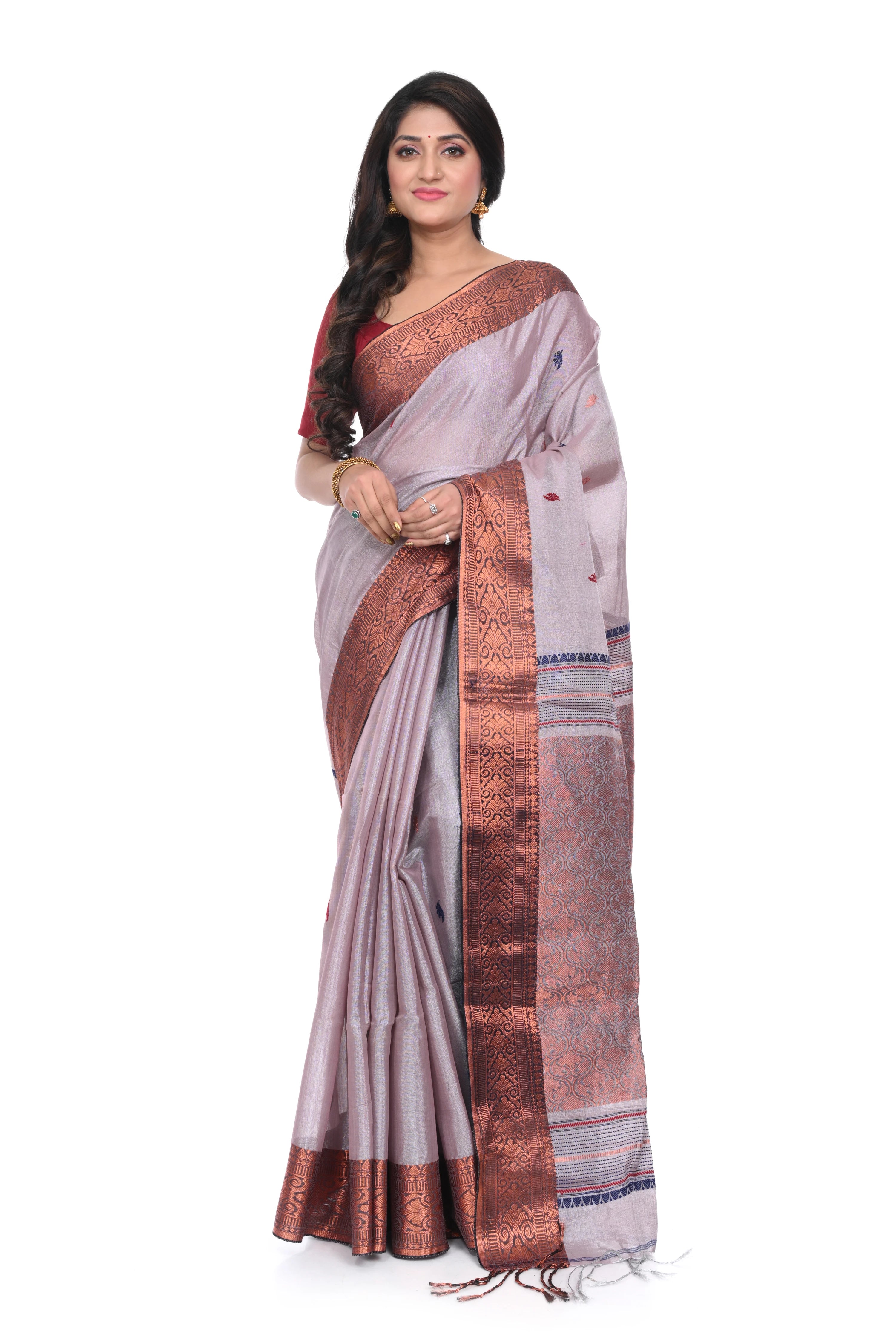 Silver Colour Copper Border Saree on Zari Tissue Saree