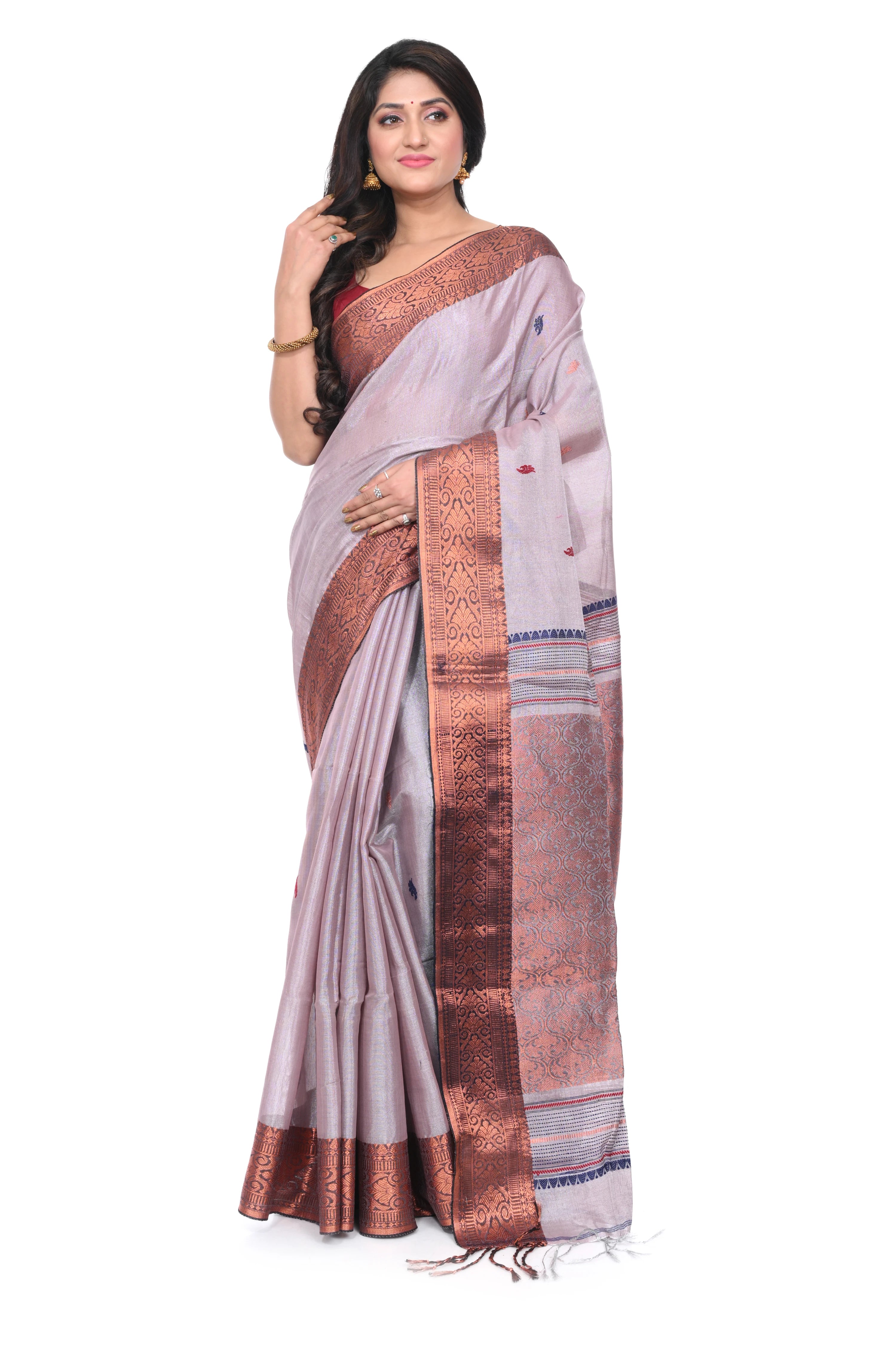 Silver Colour Copper Border Saree on Zari Tissue Saree