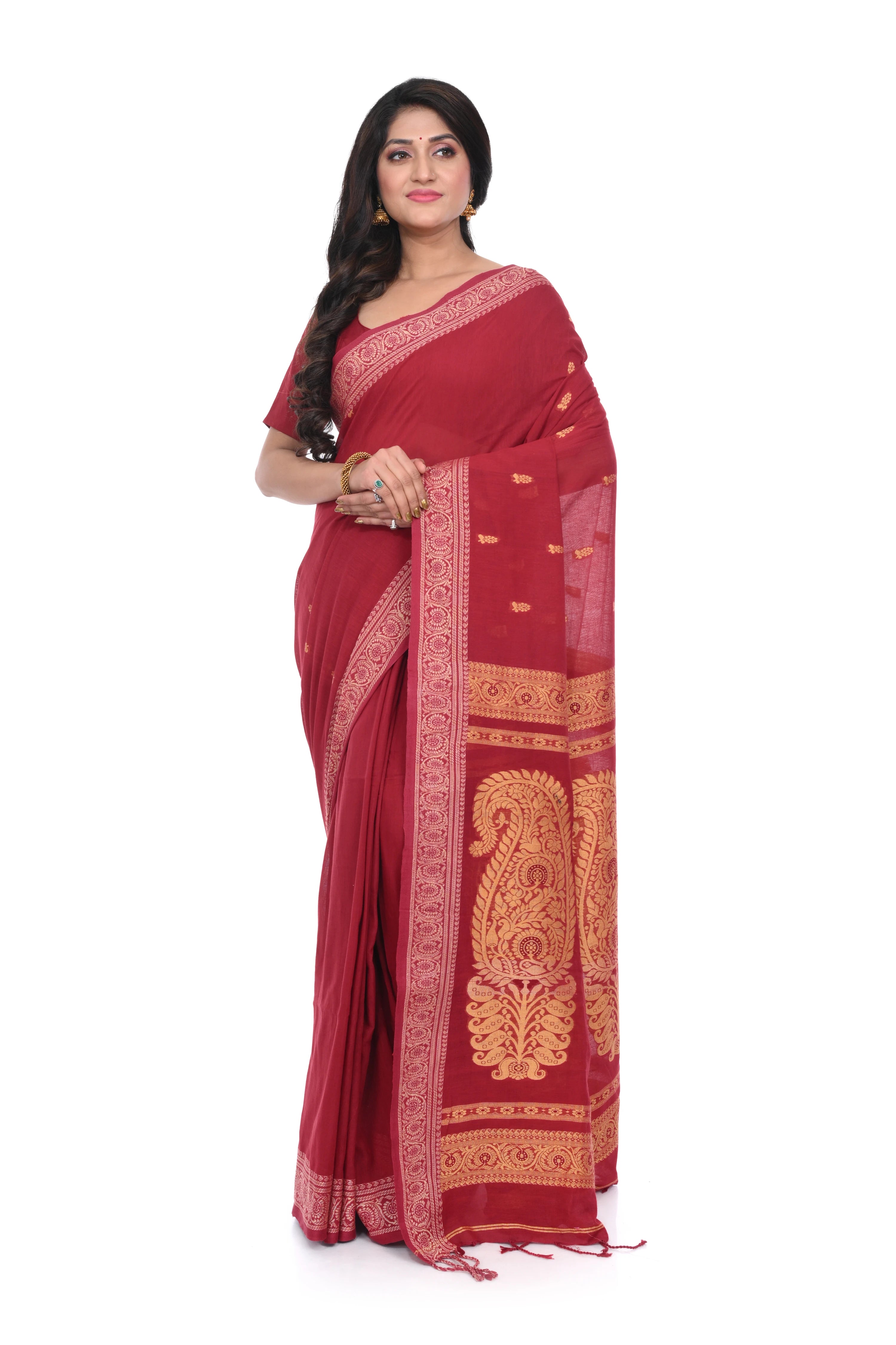 Maroon Colour Cotton Baluchori Saree with Muga Thead Worked