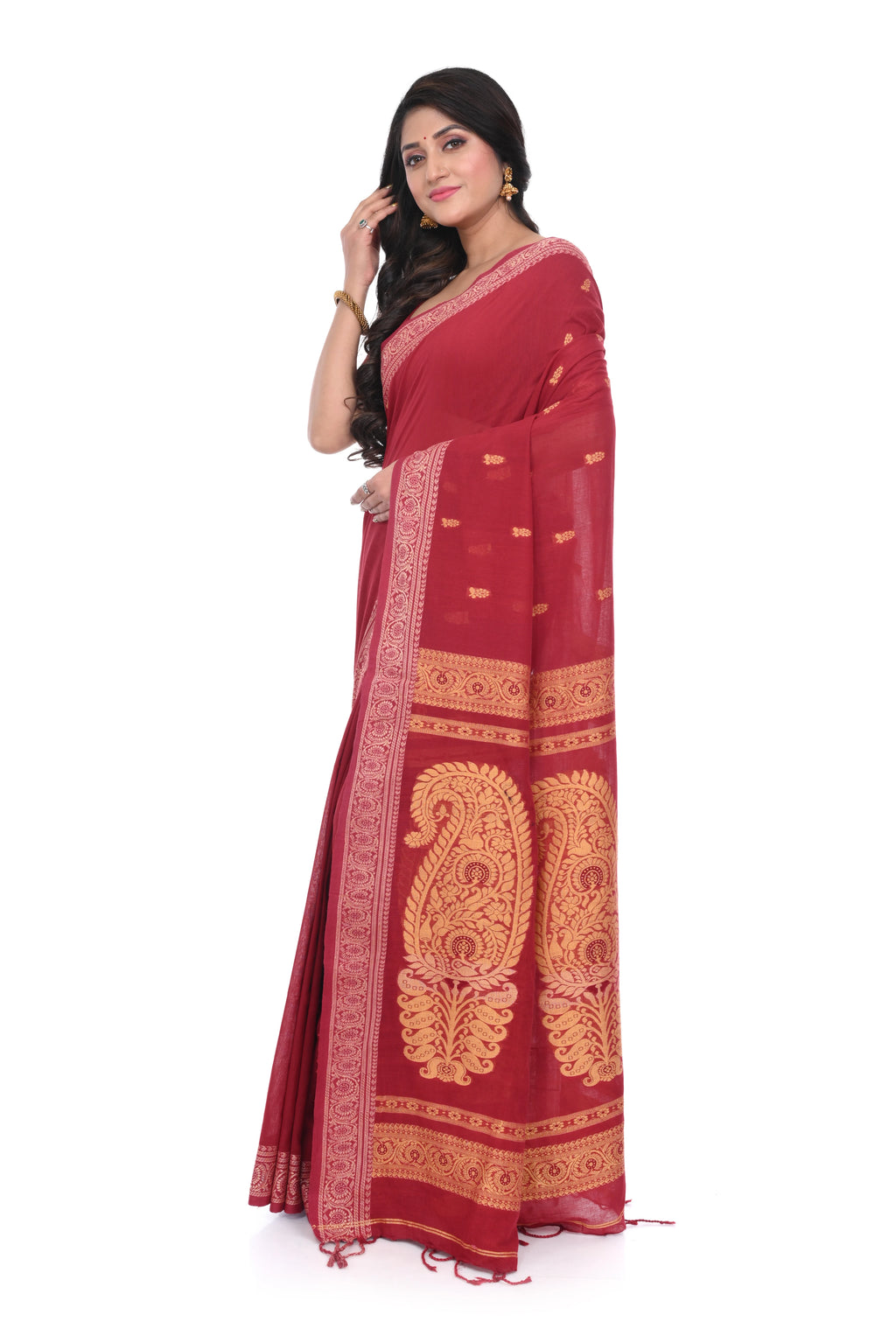 Maroon Colour Cotton Baluchori Saree with Muga Thead Worked