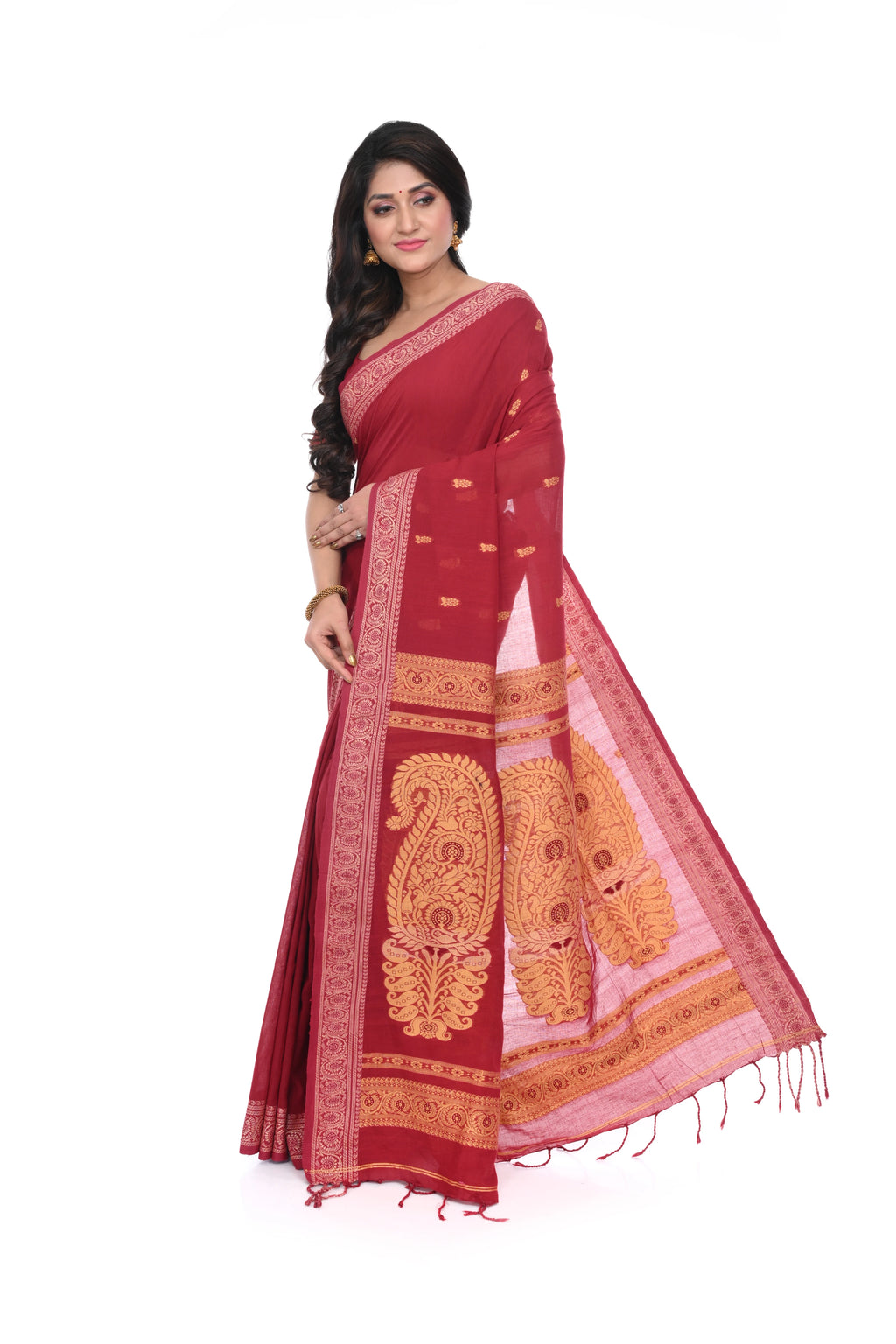 Maroon Colour Cotton Baluchori Saree with Muga Thead Worked