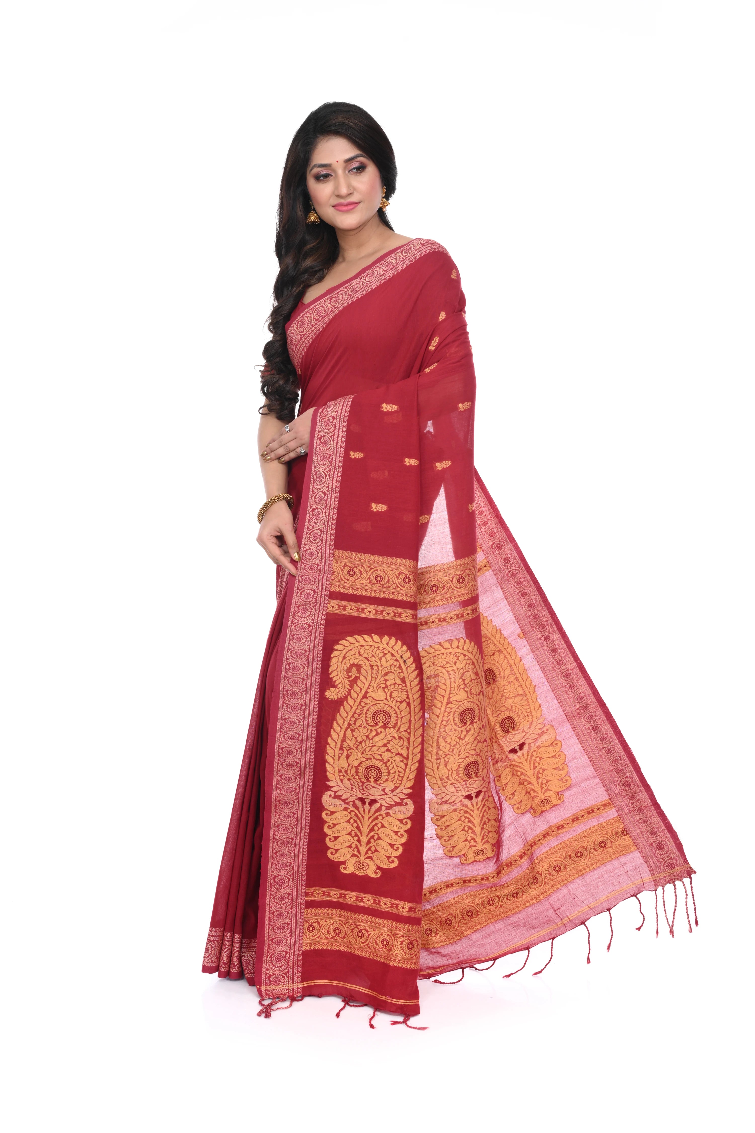 Maroon Colour Cotton Baluchori Saree with Muga Thead Worked