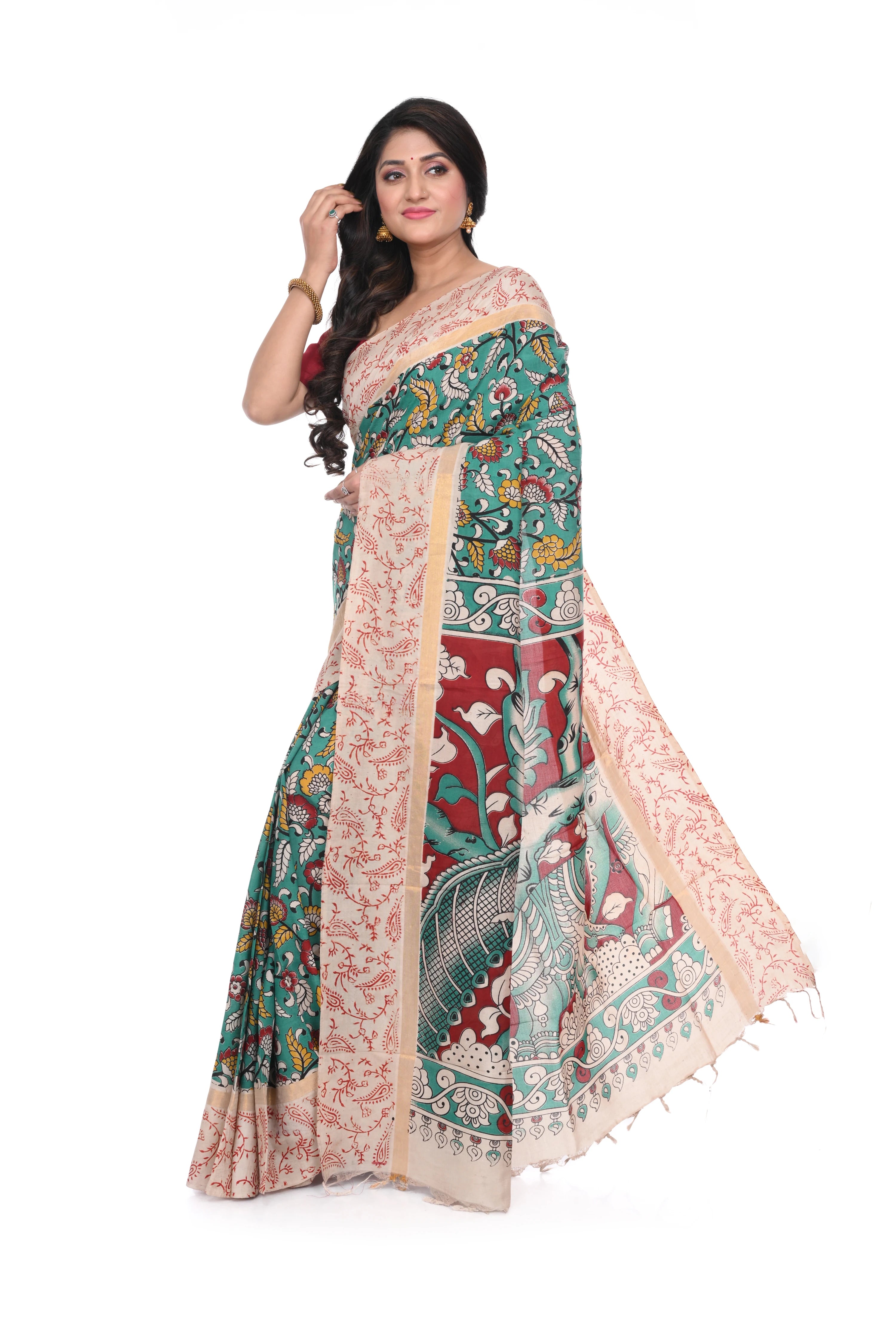 Nellore Silk Saree with Offwhite Border and Rama Green Kalamkari Print