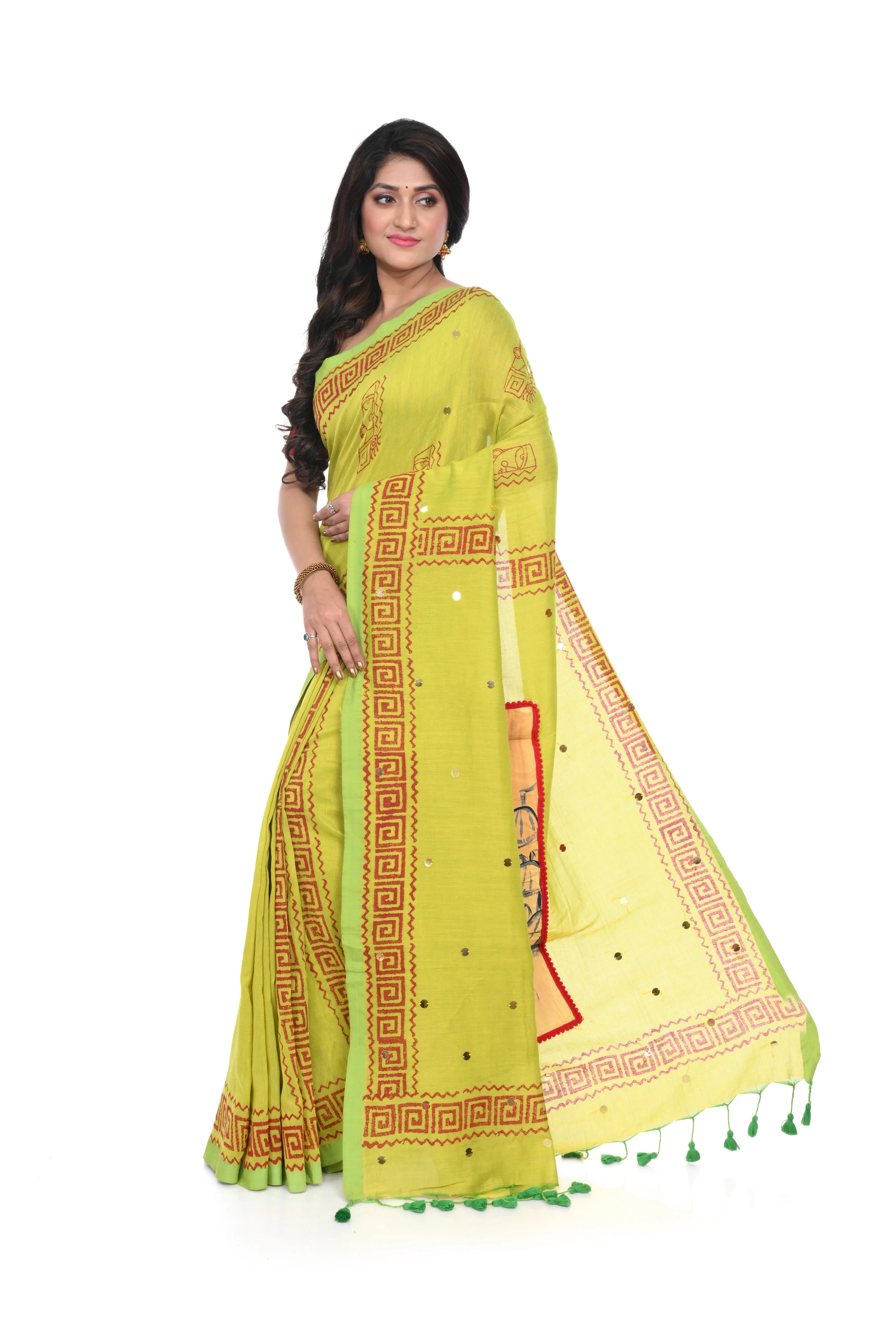 Pista Green Handloom Saree with Block and Patch Work