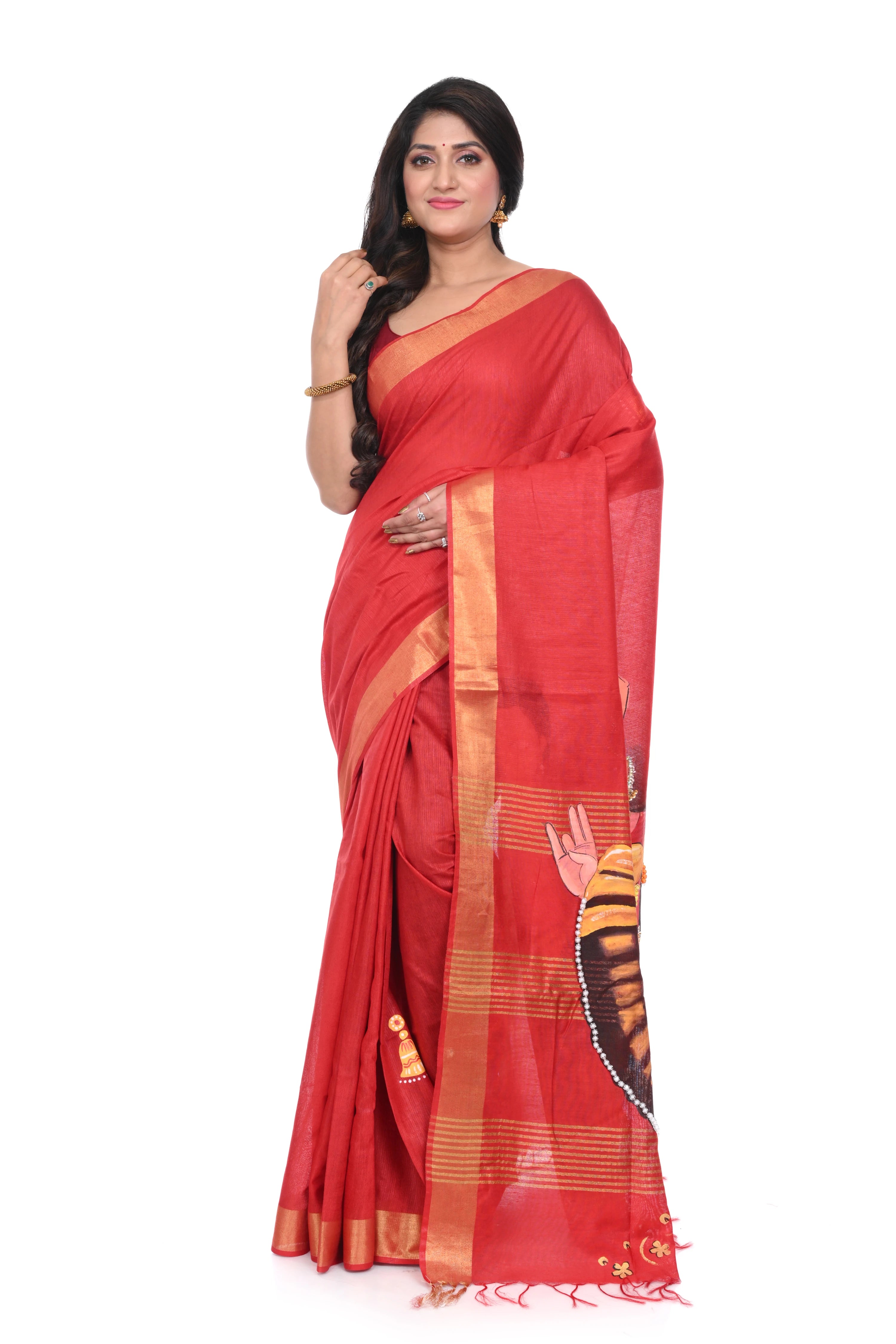 Red Semi Tussar Saree with Hand Paint Decorated Nartaki Motif.