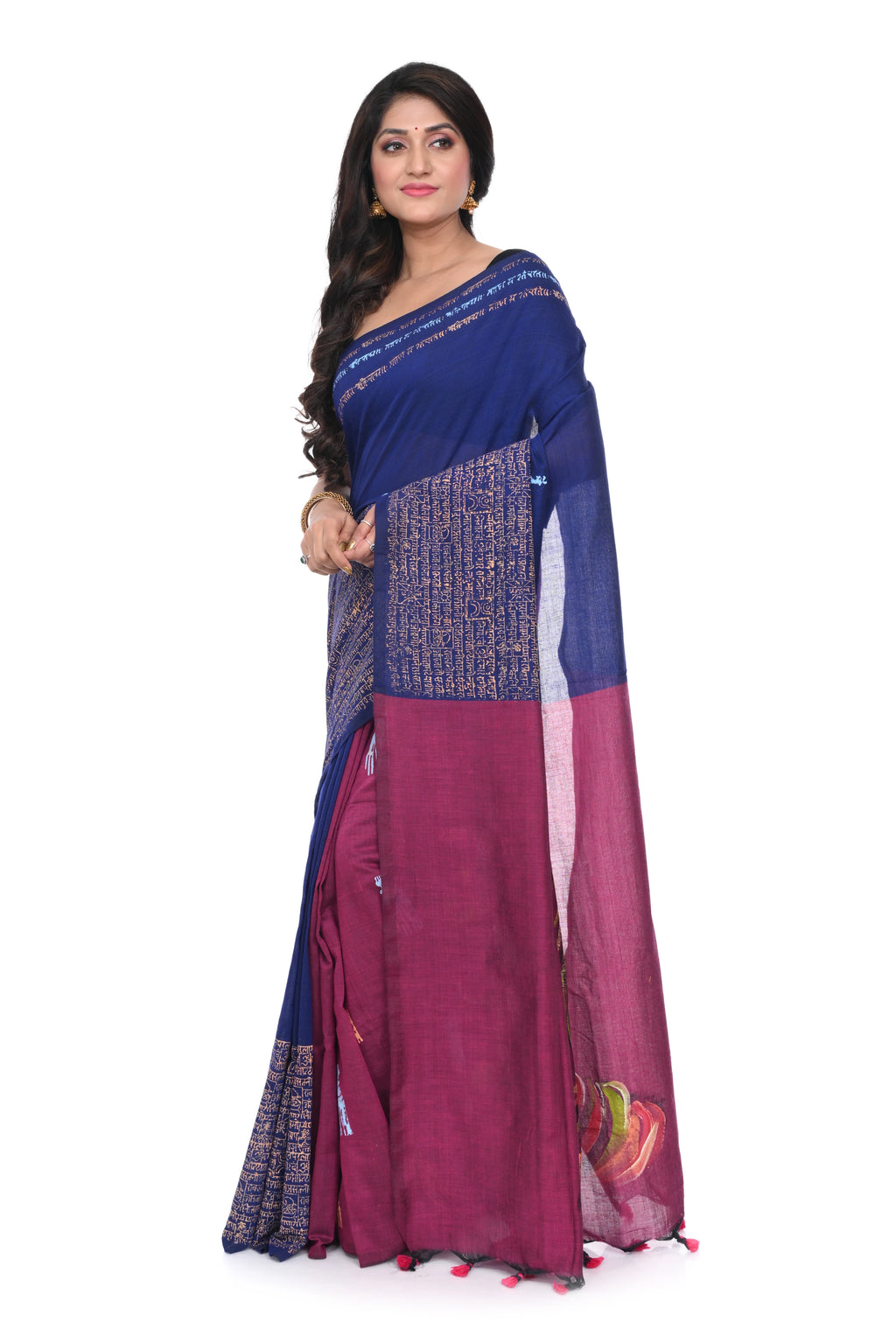Purple Colour Pure Handloom Saree with Hand Block Script ,pallu with Hand Paint