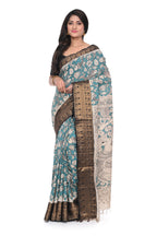 Rama Green Hand Kalamkari Block Saree with Black Zari Border Nellore Silk Base