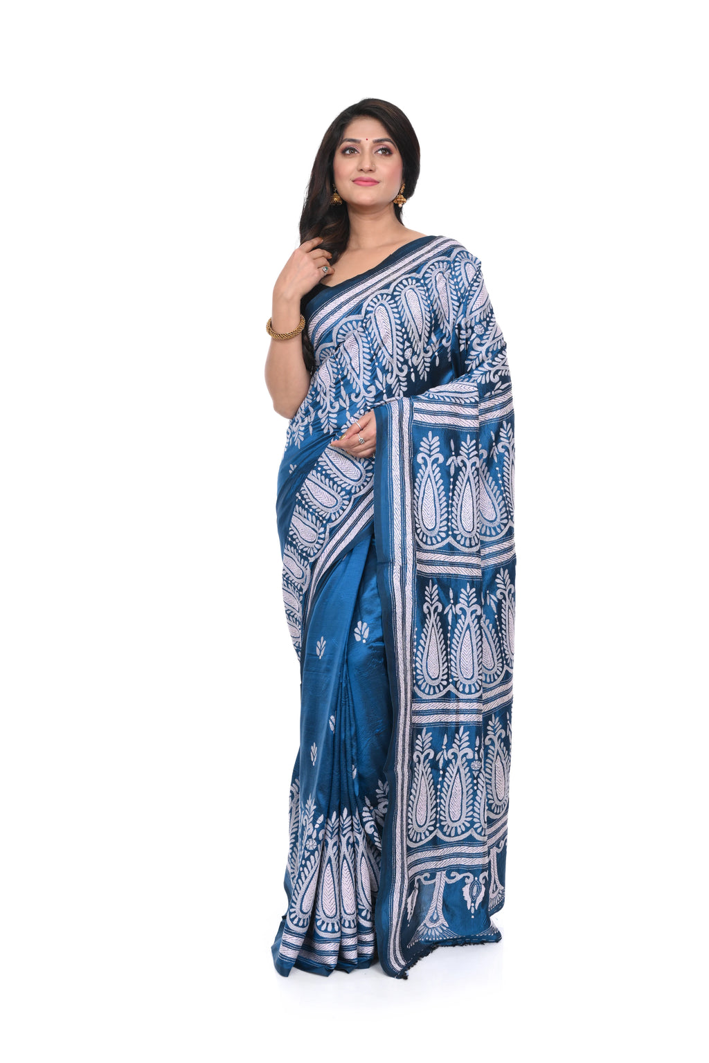 Peacock Blue Pure Silk Kantha Saree with White Thread Work