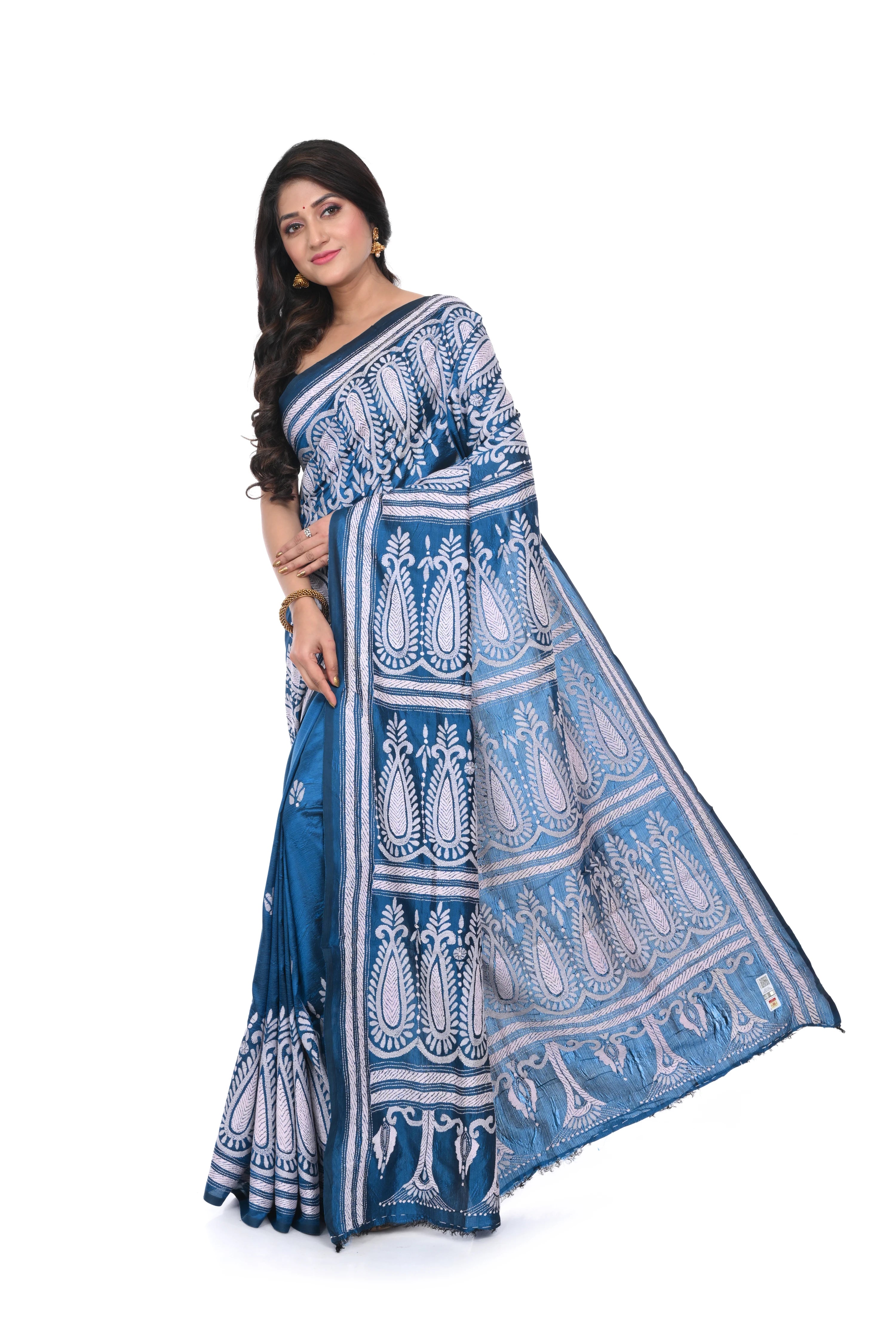 Peacock Blue Pure Silk Kantha Saree with White Thread Work