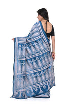 Peacock Blue Pure Silk Kantha Saree with White Thread Work