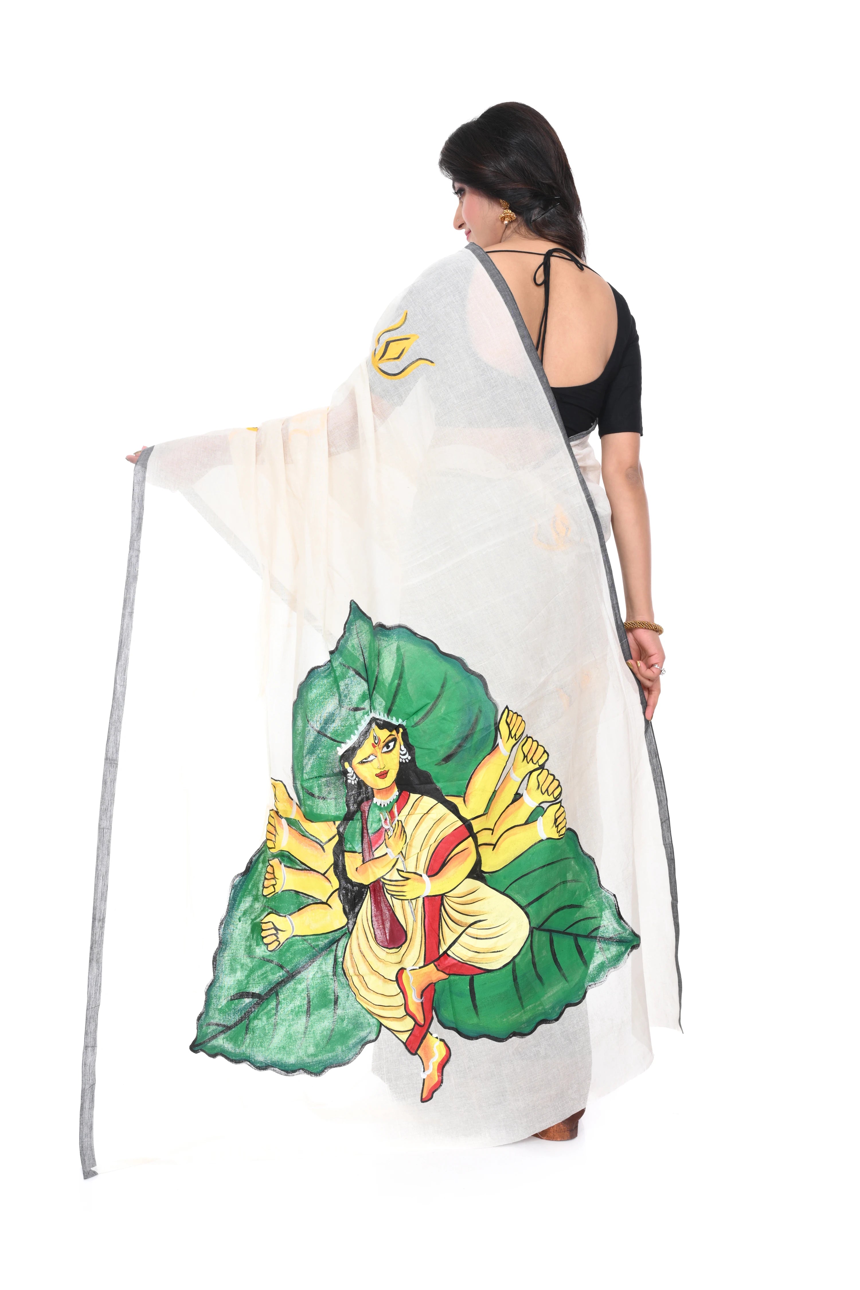 Pure Cotton Half Half Saree with Beautiful Hand Paint Durga Motif on Pallu