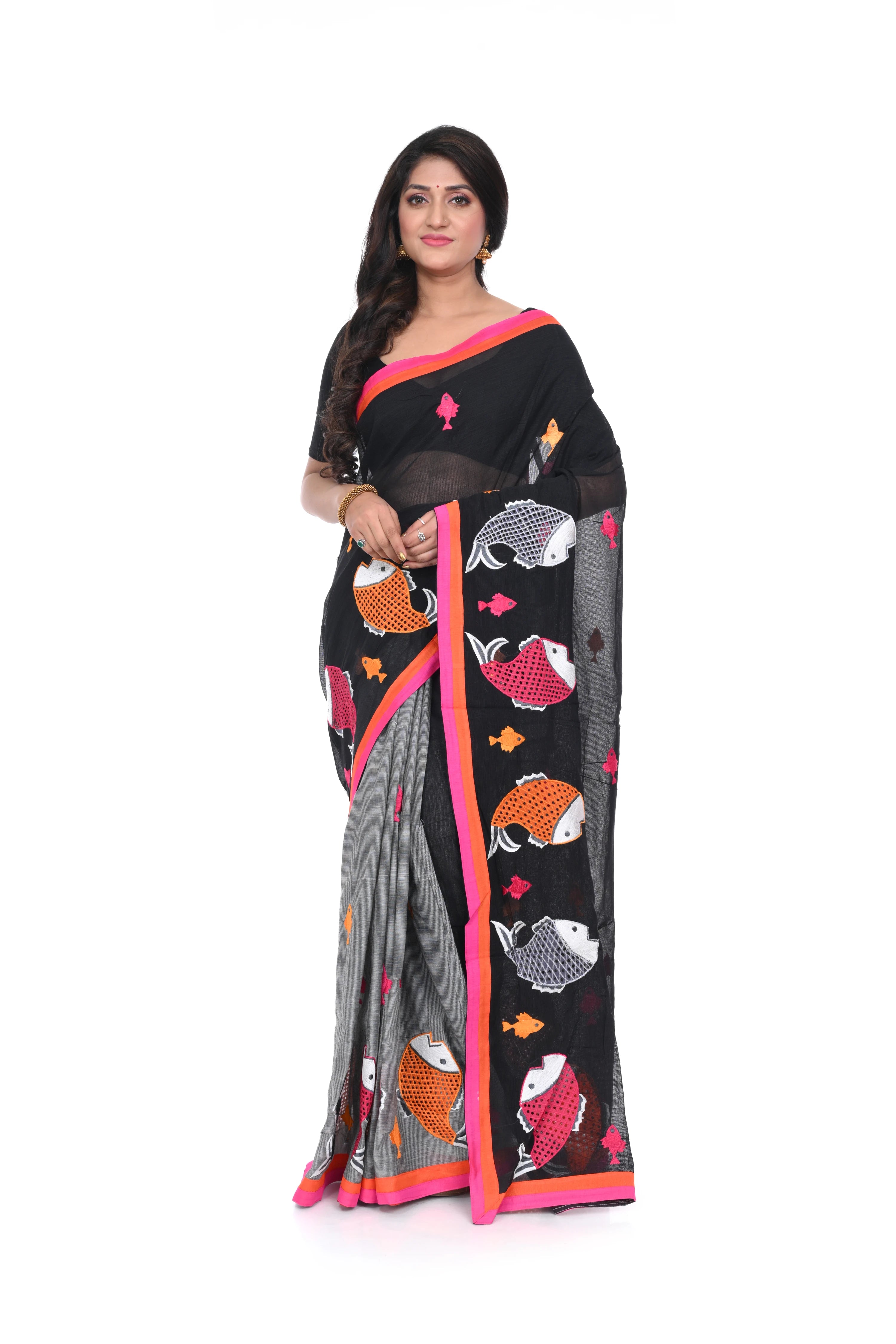 Pure Cotton Fish - Motif Appliqua Saree (half - and - Half, Black & Grey)