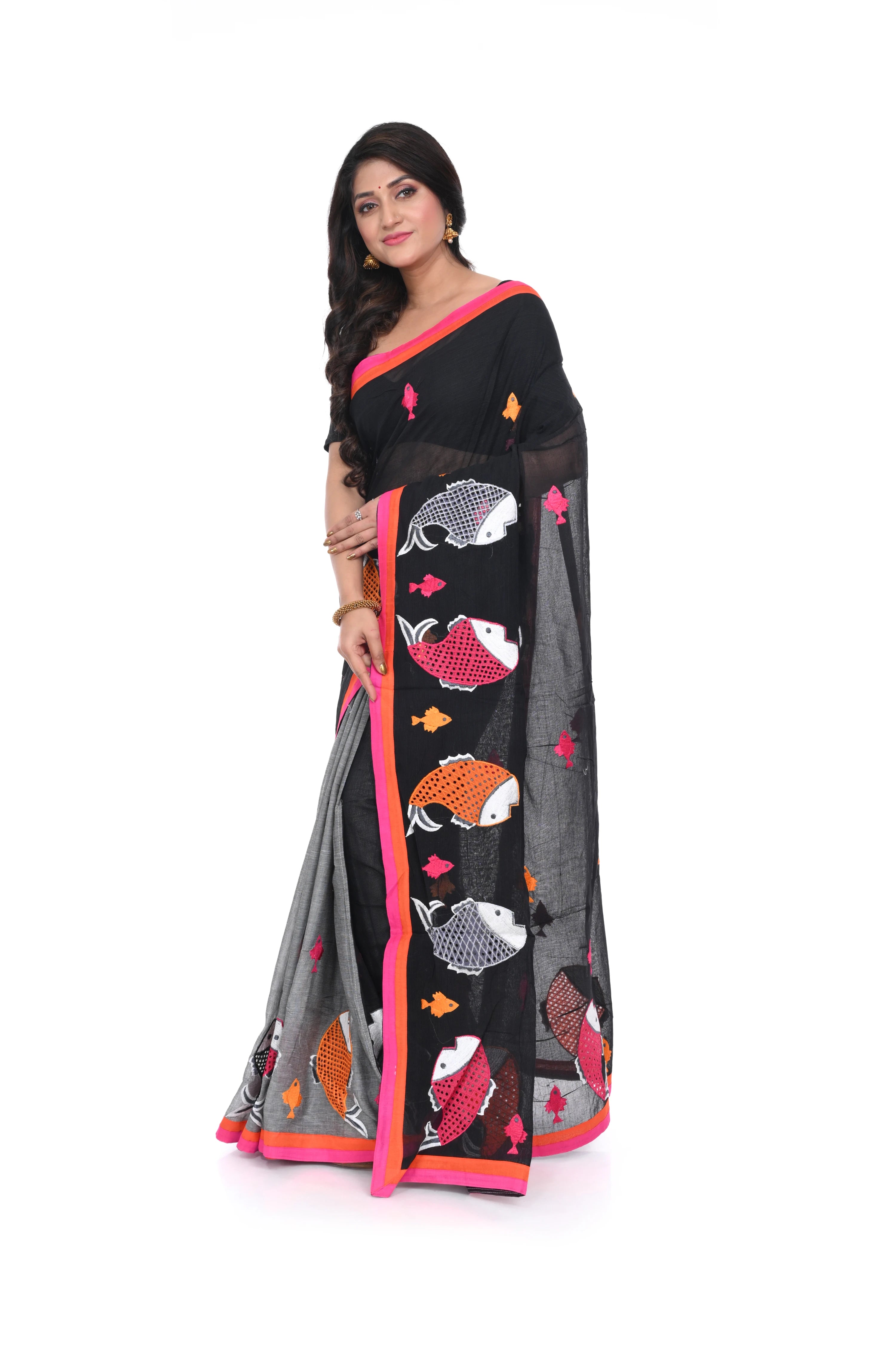 Pure Cotton Fish - Motif Appliqua Saree (half - and - Half, Black & Grey)