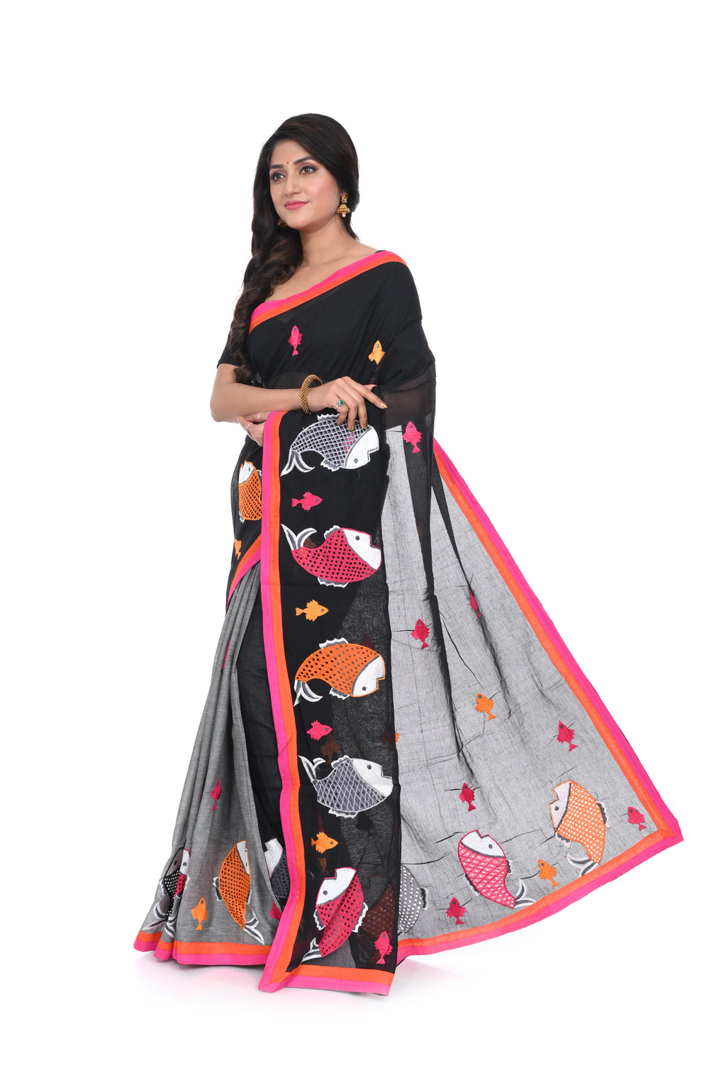 Pure Cotton Fish - Motif Appliqua Saree (half - and - Half, Black & Grey)
