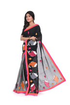 Pure Cotton Fish - Motif Appliqua Saree (half - and - Half, Black & Grey)