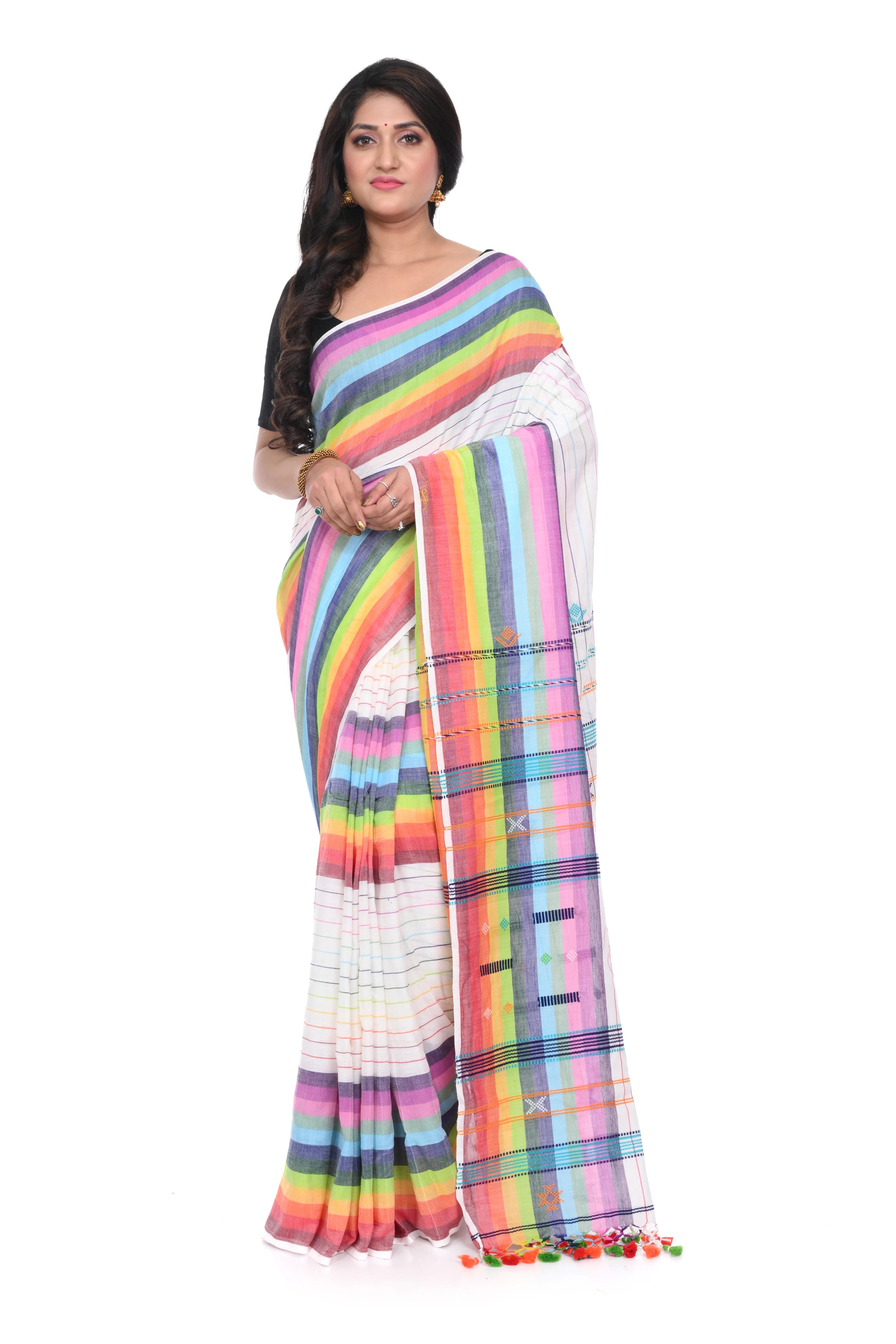 Rainbow - Coloured Cotton Handloom Saree on White Base