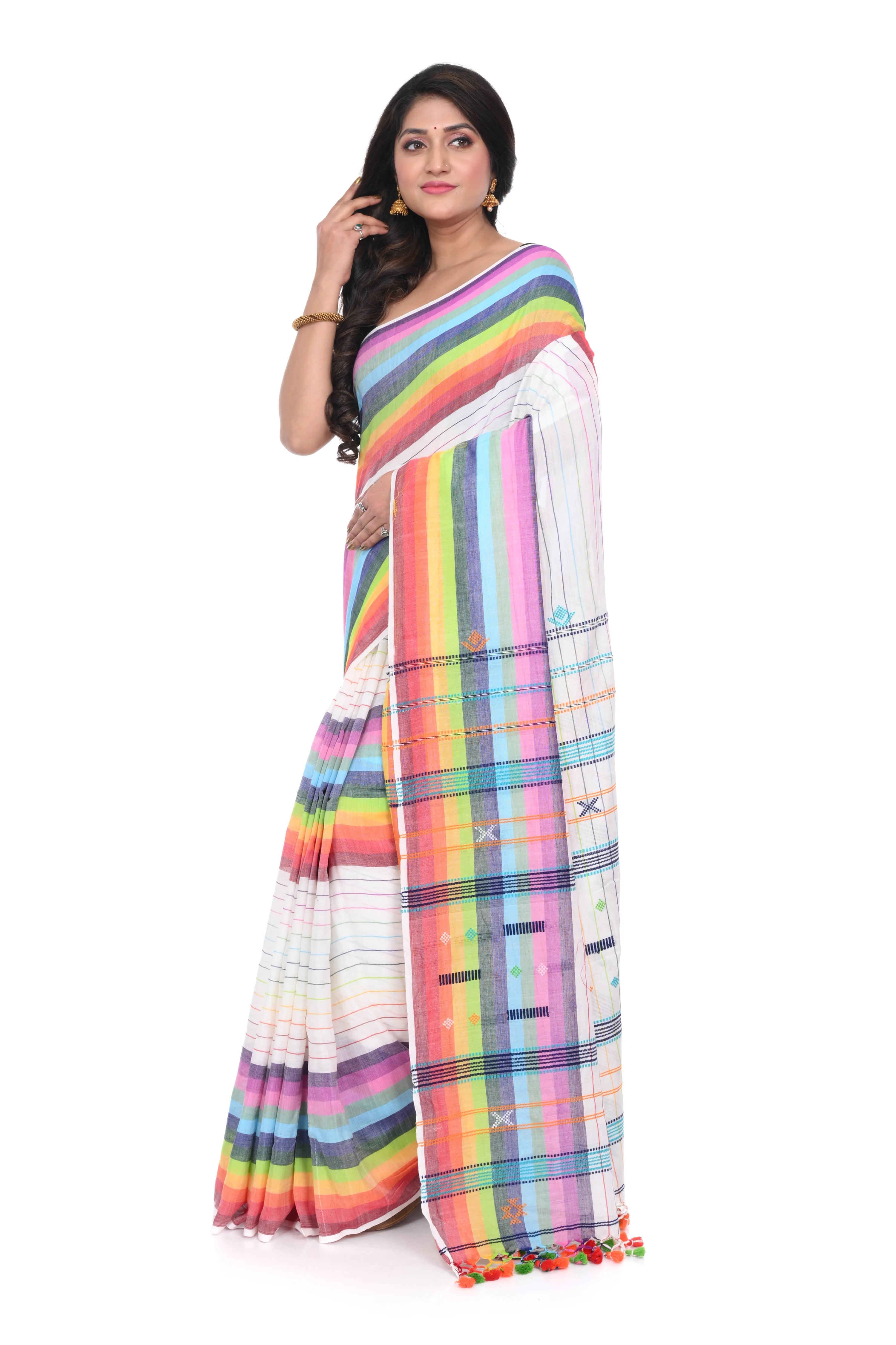 Rainbow - Coloured Cotton Handloom Saree on White Base