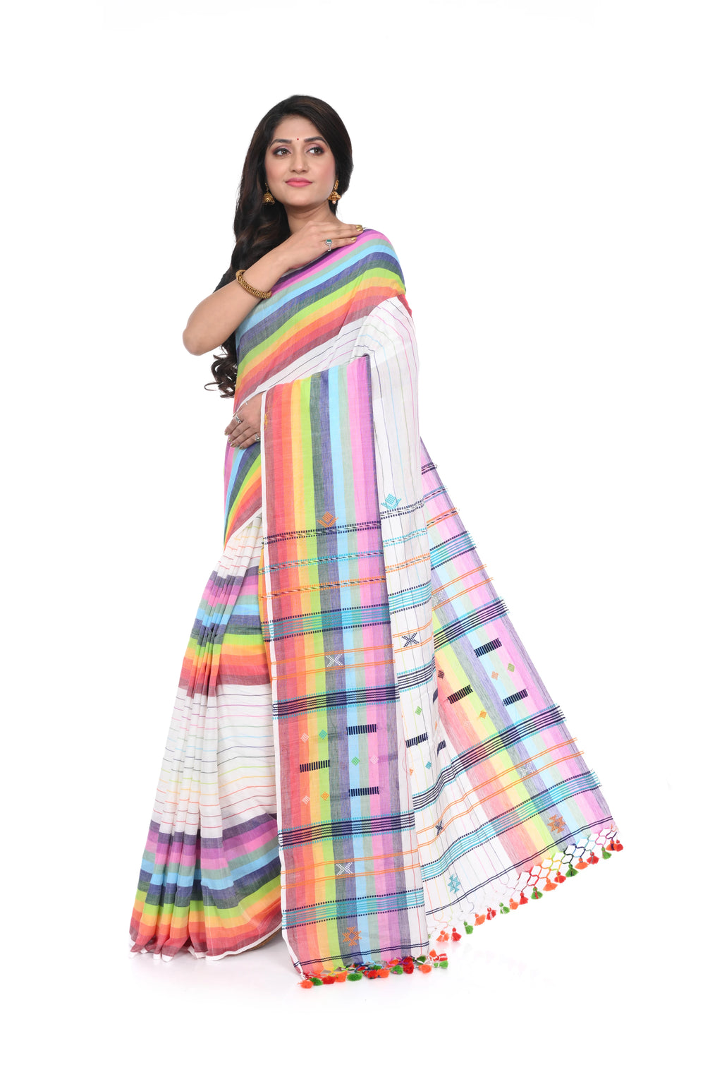 Rainbow - Coloured Cotton Handloom Saree on White Base