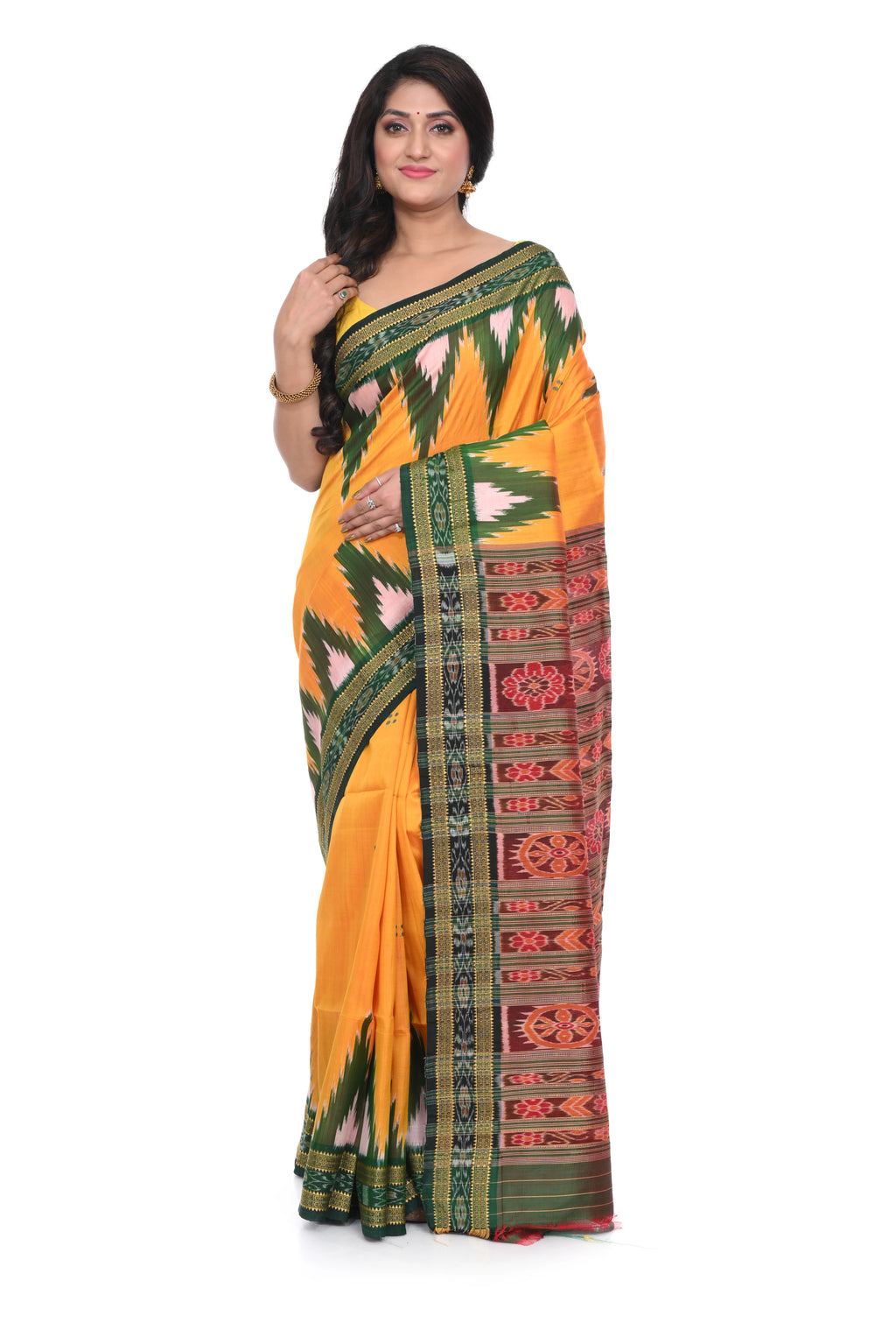 Pure Khandua Silk Saree with Green Temple Border (kacchi Yellow Base)