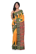 Pure Khandua Silk Saree with Green Temple Border (kacchi Yellow Base)