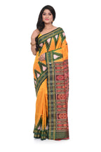 Pure Khandua Silk Saree with Green Temple Border (kacchi Yellow Base)