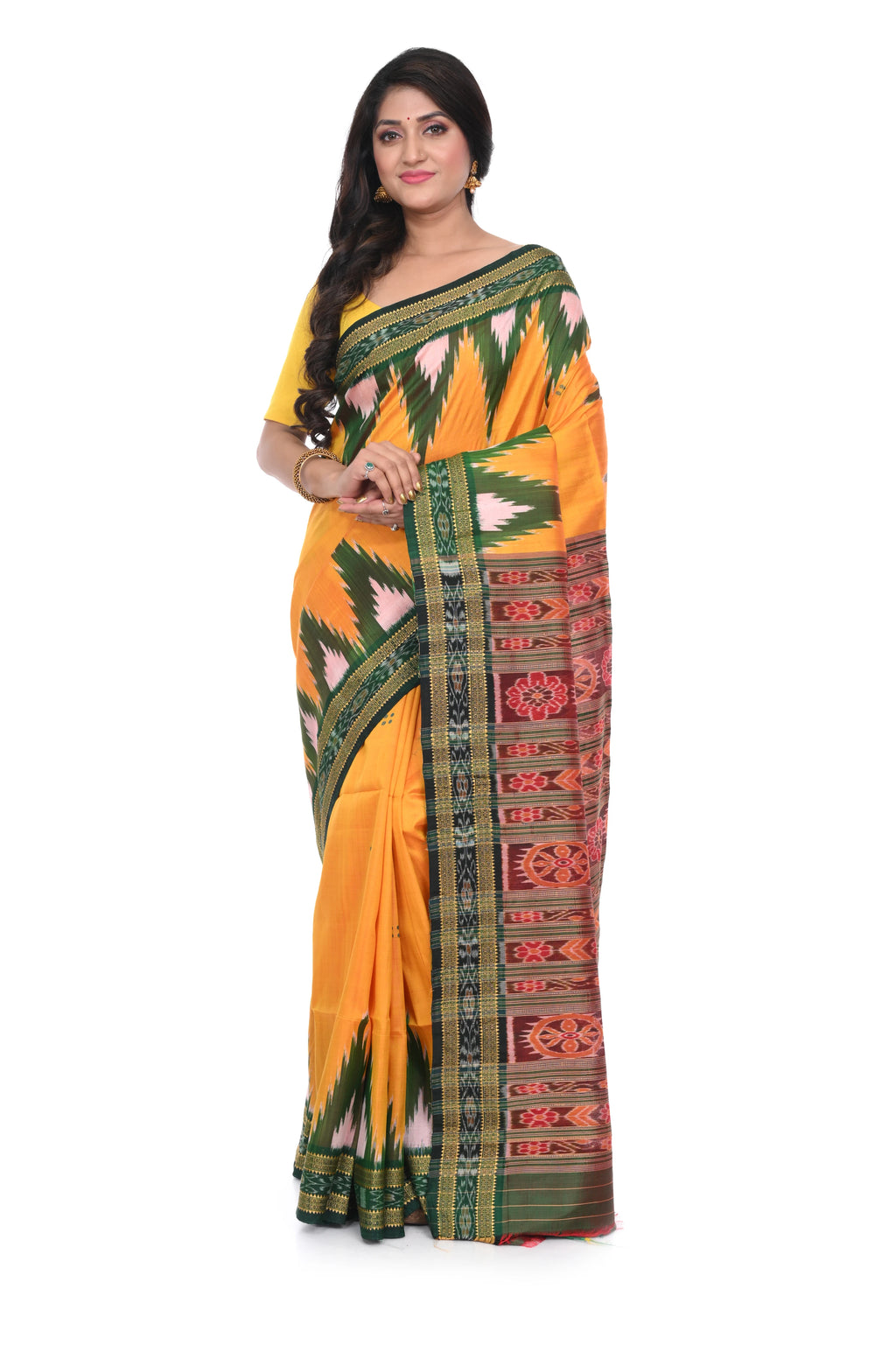 Pure Khandua Silk Saree with Green Temple Border (kacchi Yellow Base)