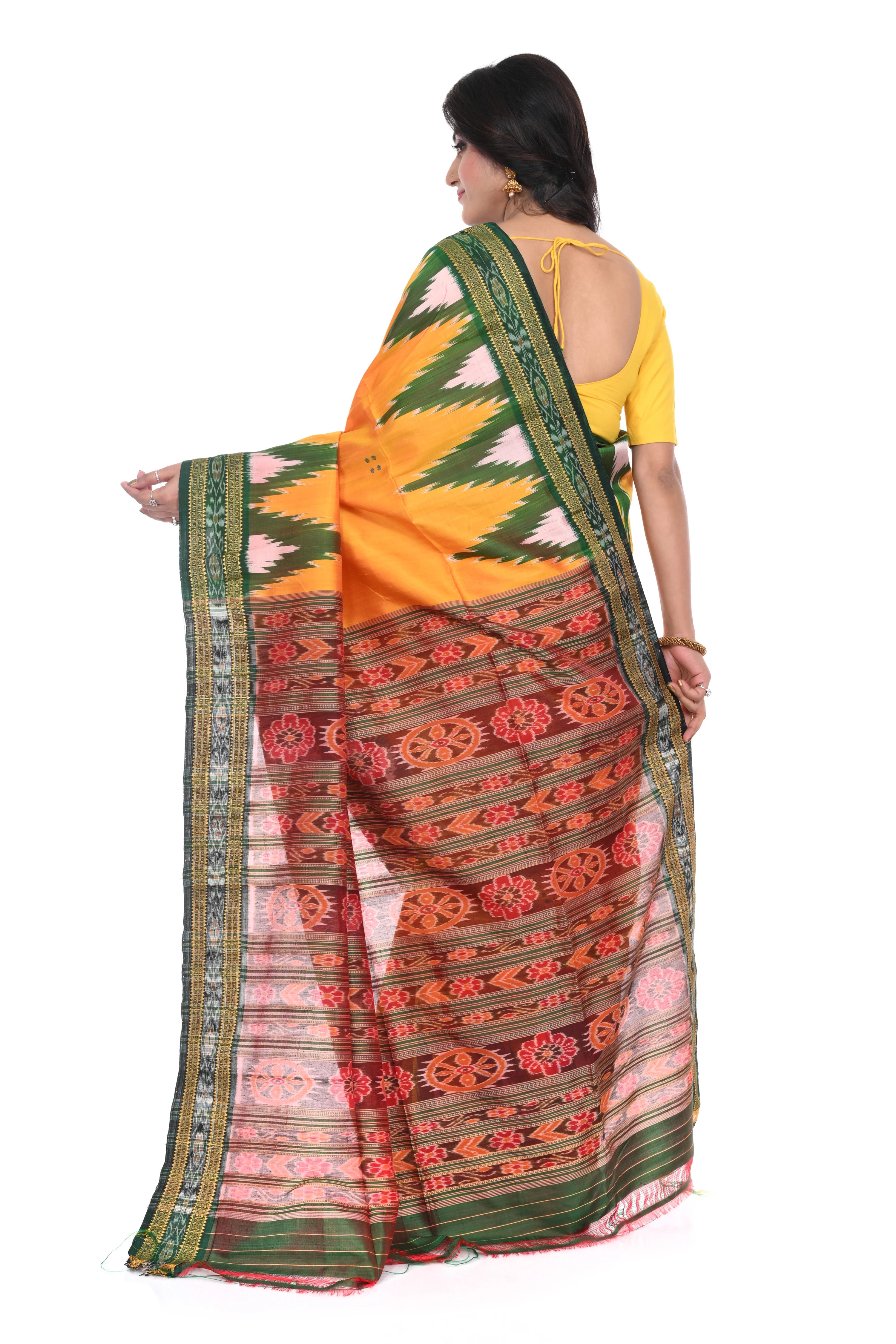 Pure Khandua Silk Saree with Green Temple Border (kacchi Yellow Base)