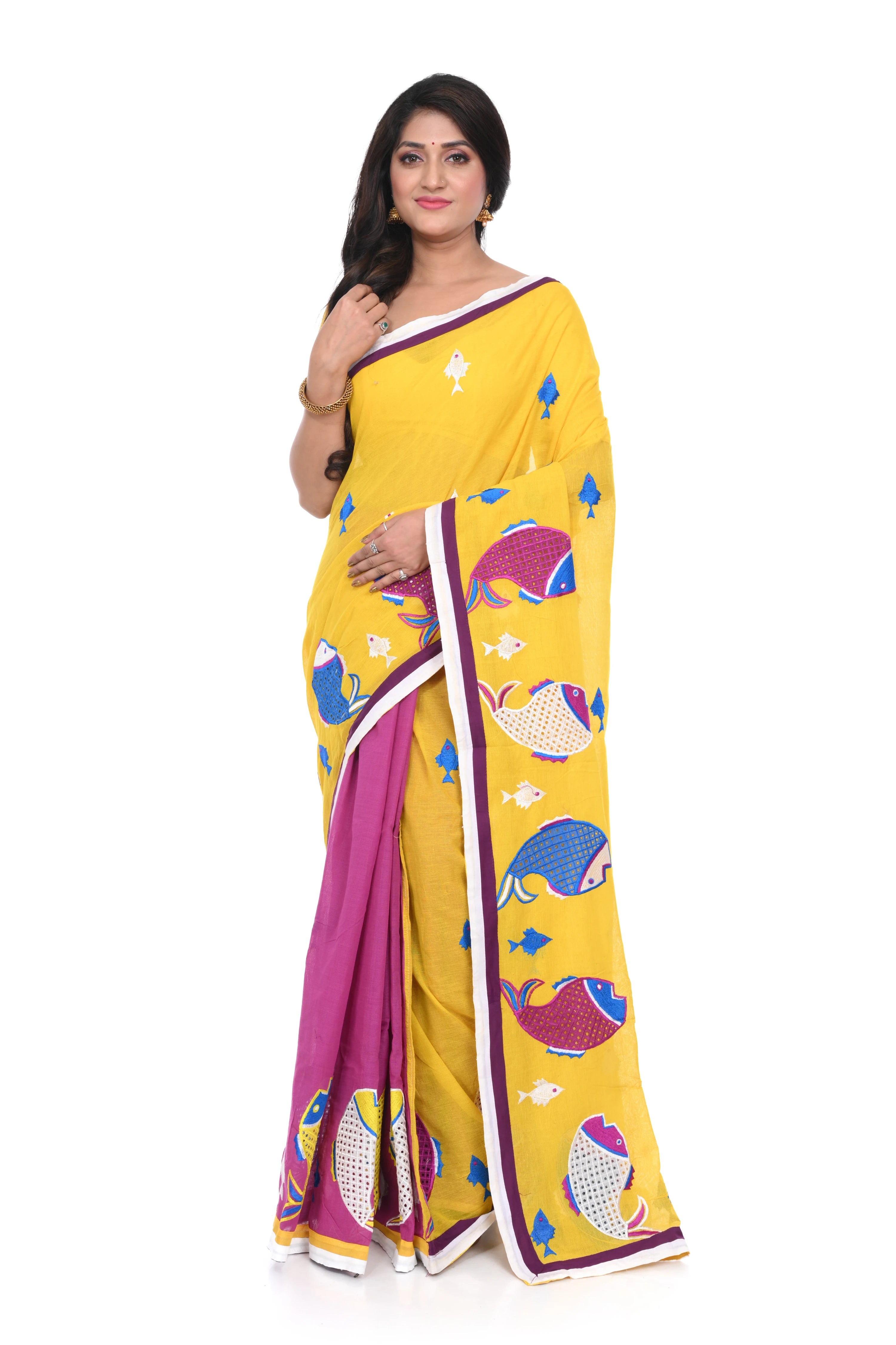 Half - and - Half Yellow Pink Applique Saree with Fish Motifs