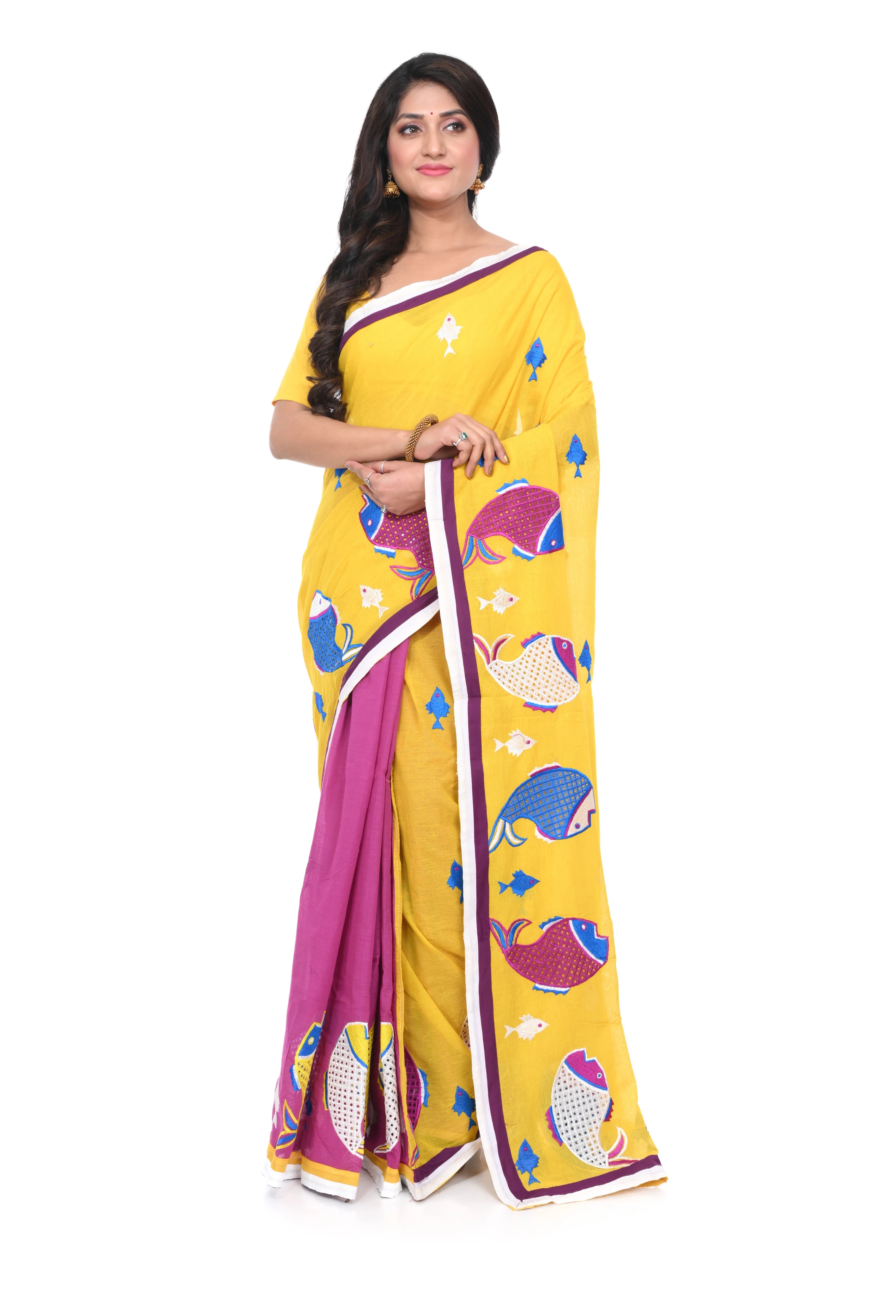 Half - and - Half Yellow Pink Applique Saree with Fish Motifs