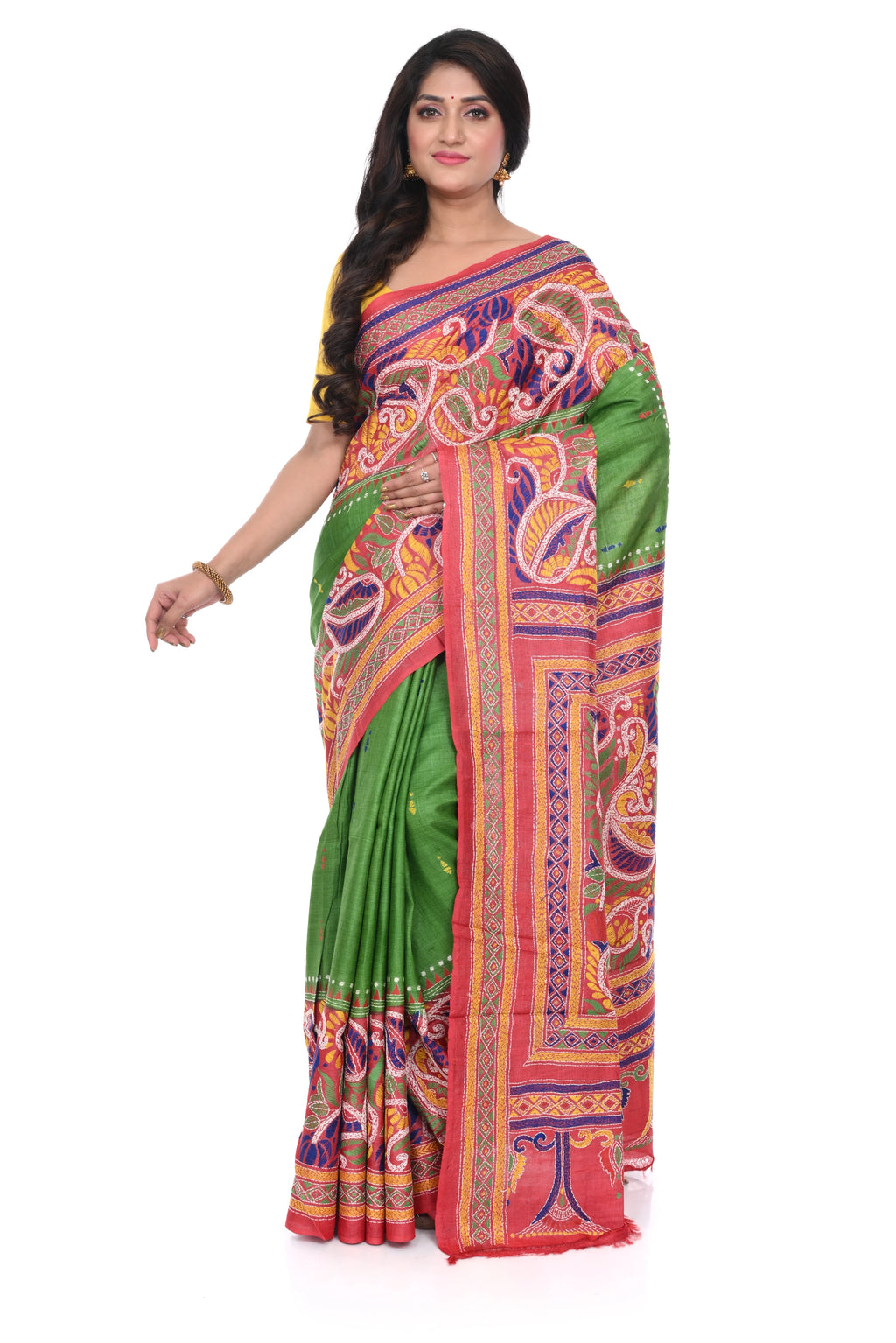 Pure Tussar Saree (green Base) with Red Border & Kantha Stitch