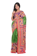 Pure Tussar Saree (green Base) with Red Border & Kantha Stitch