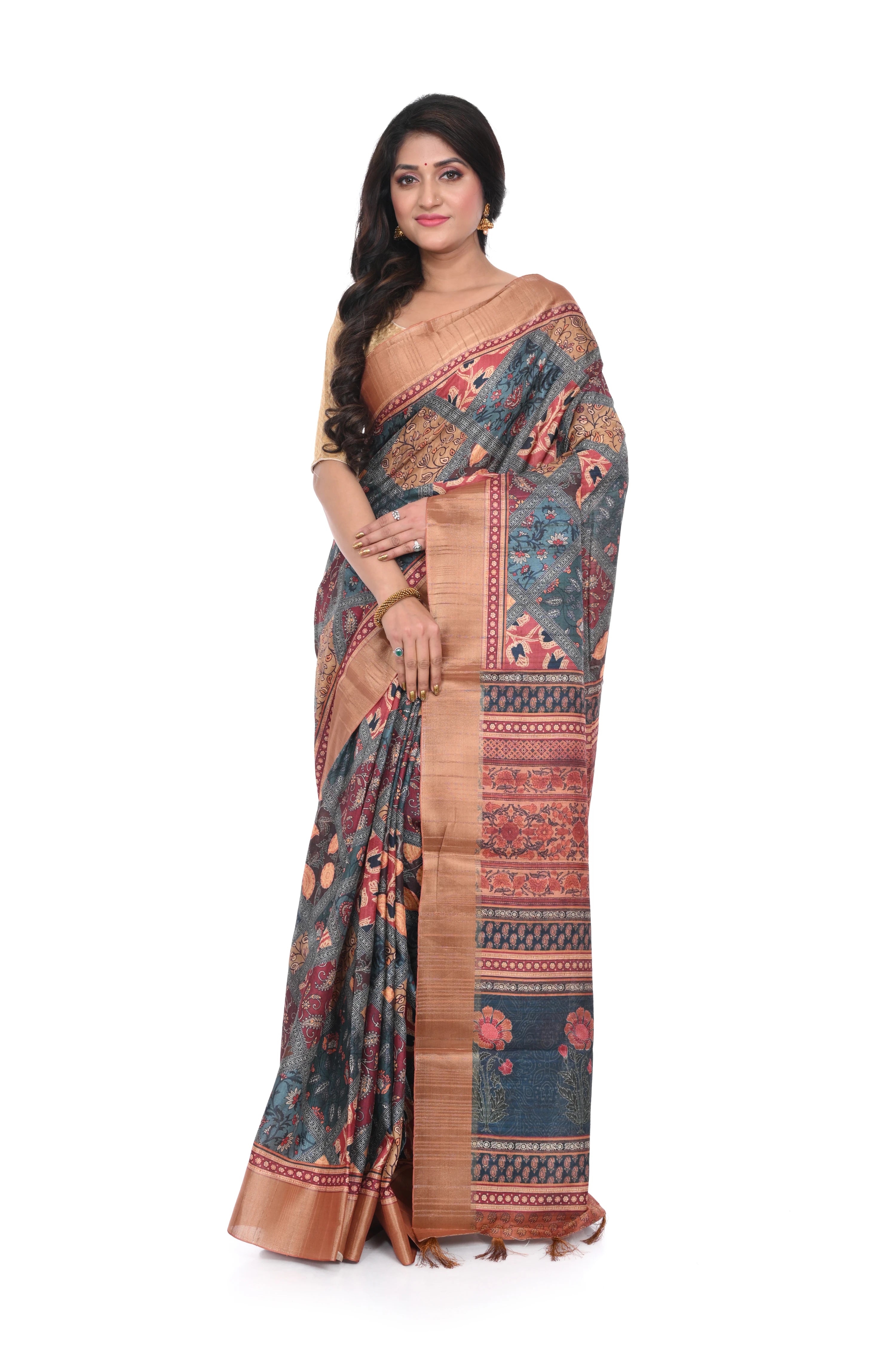 Semi Tussar Saree with Copper Border & Mosaic Print