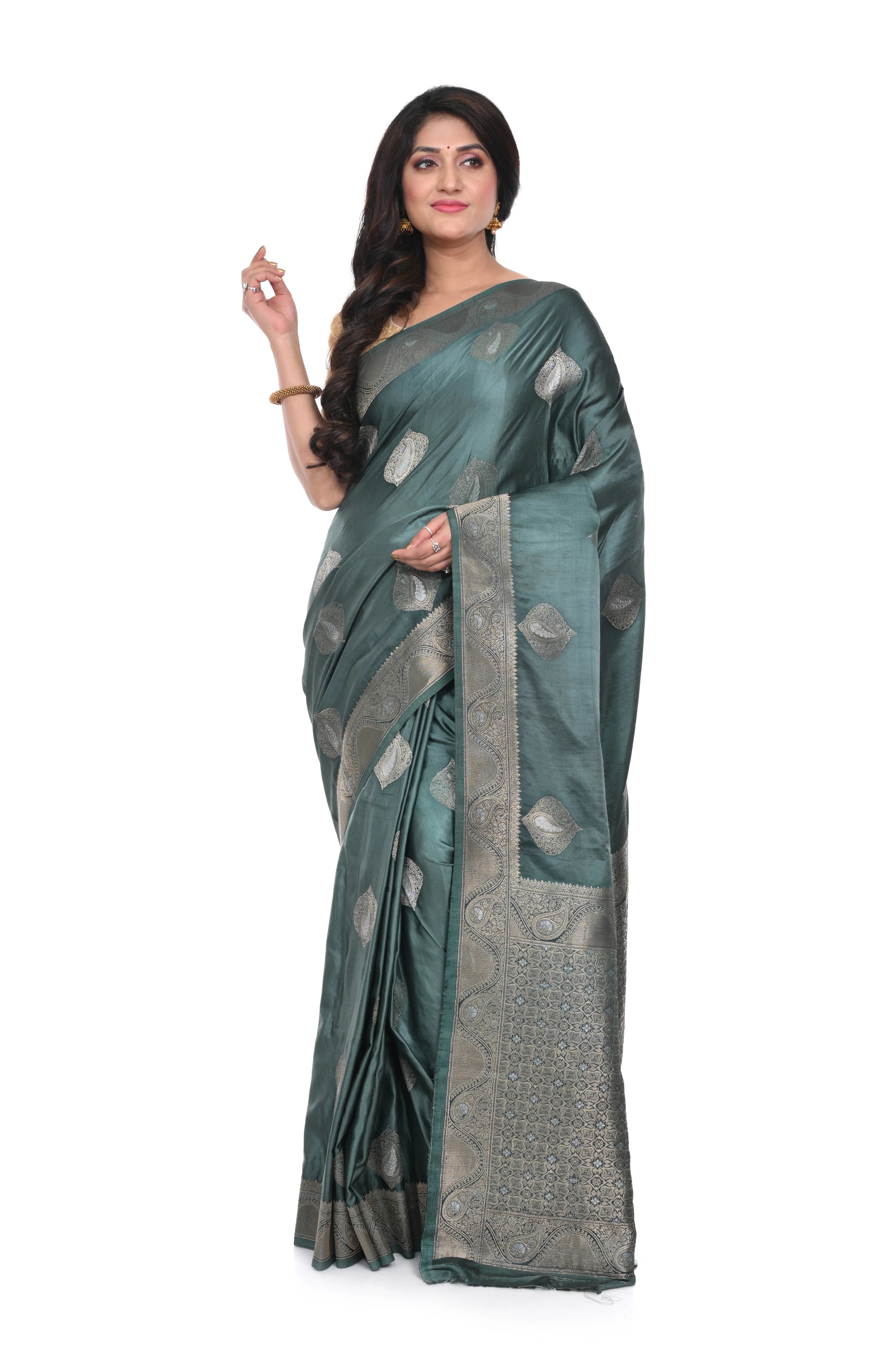 Deep Olive Green Mashru Silk Saree with Antique Zari Border