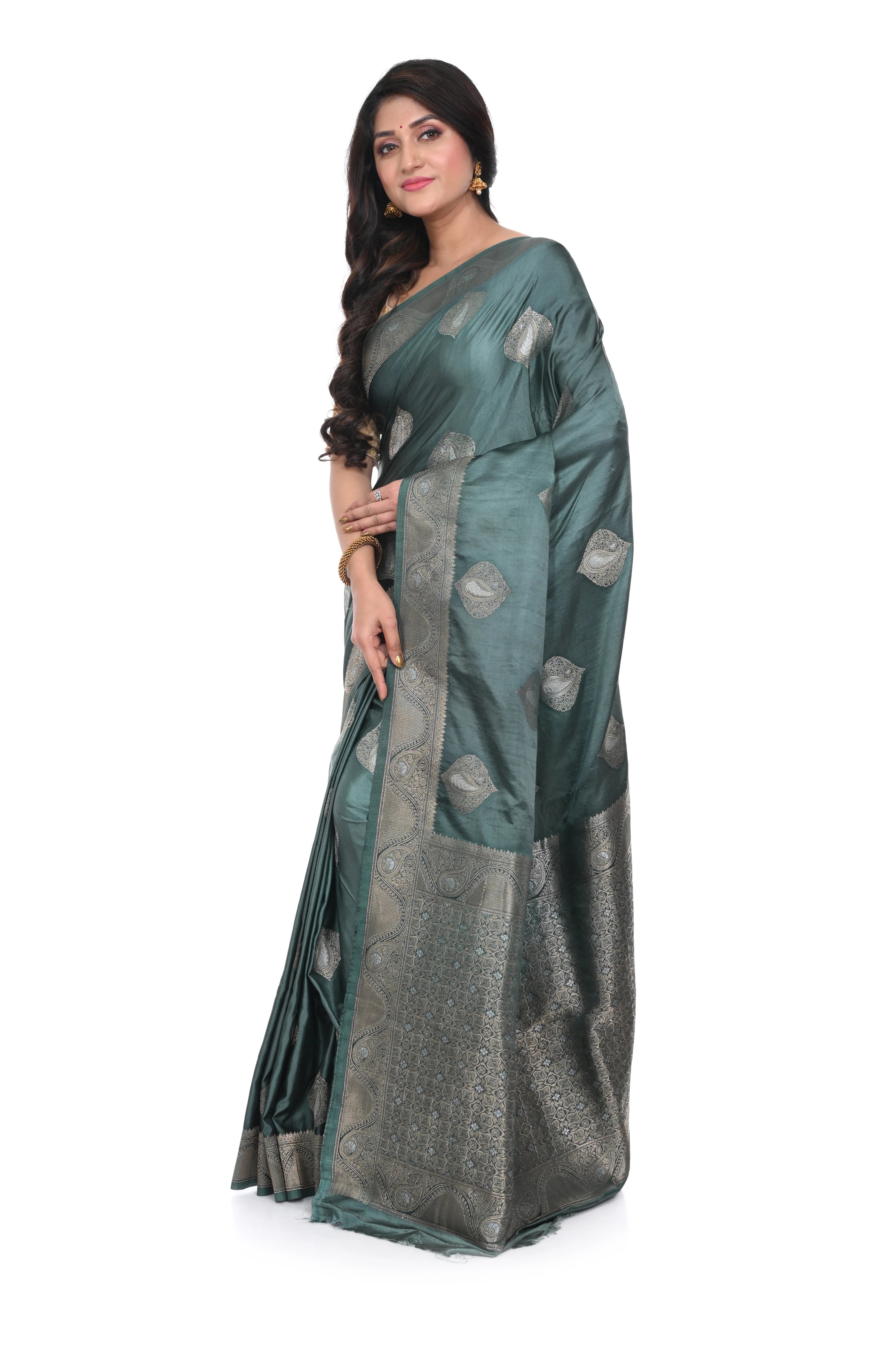 Deep Olive Green Mashru Silk Saree with Antique Zari Border